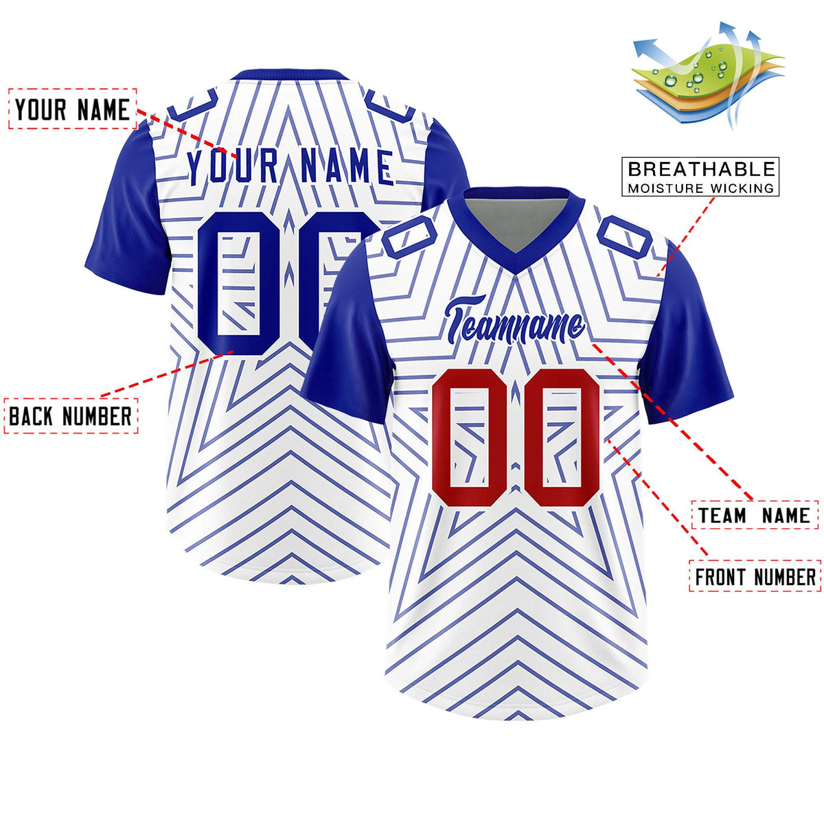 Custom White Royal Personalized Star Pattern Raglan Sleeves Authentic American Football Jersey