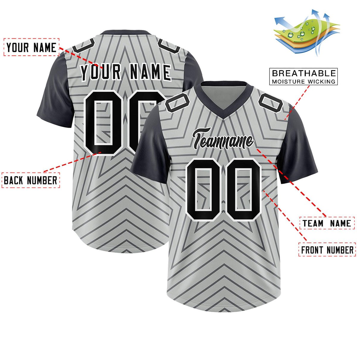 Custom Gray Dark Gray Personalized Star Pattern Raglan Sleeves Authentic American Football Jersey