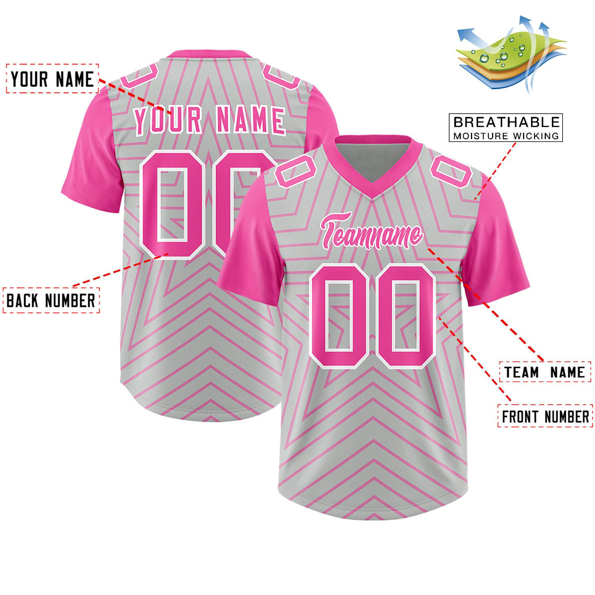 Custom Gray Pink Personalized Star Pattern Raglan Sleeves Authentic American Football Jersey
