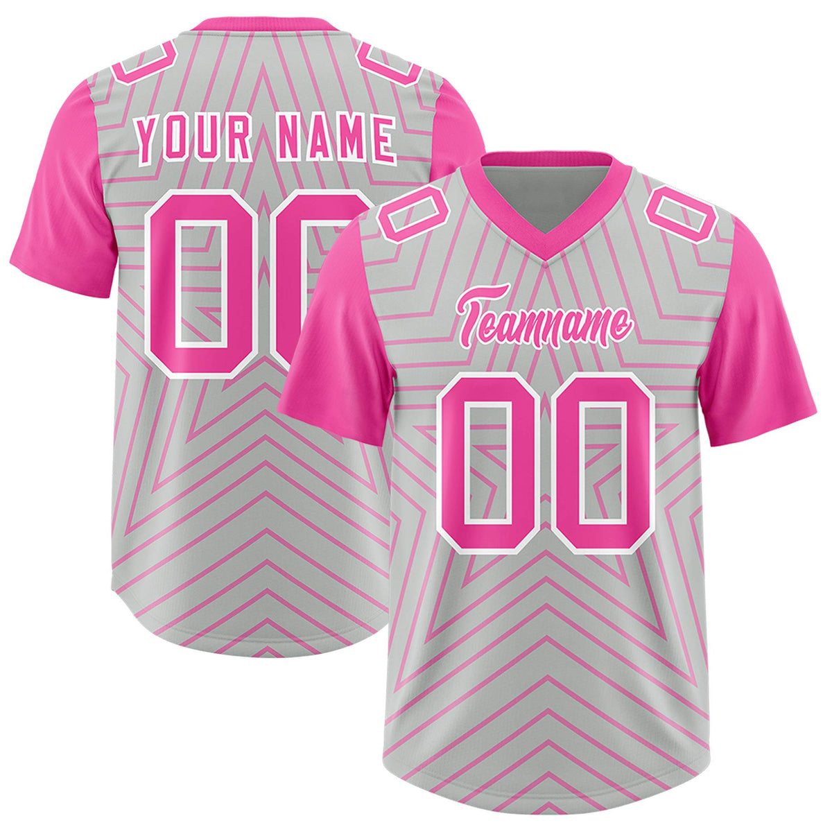 Custom Gray Pink Personalized Star Pattern Raglan Sleeves Authentic American Football Jersey