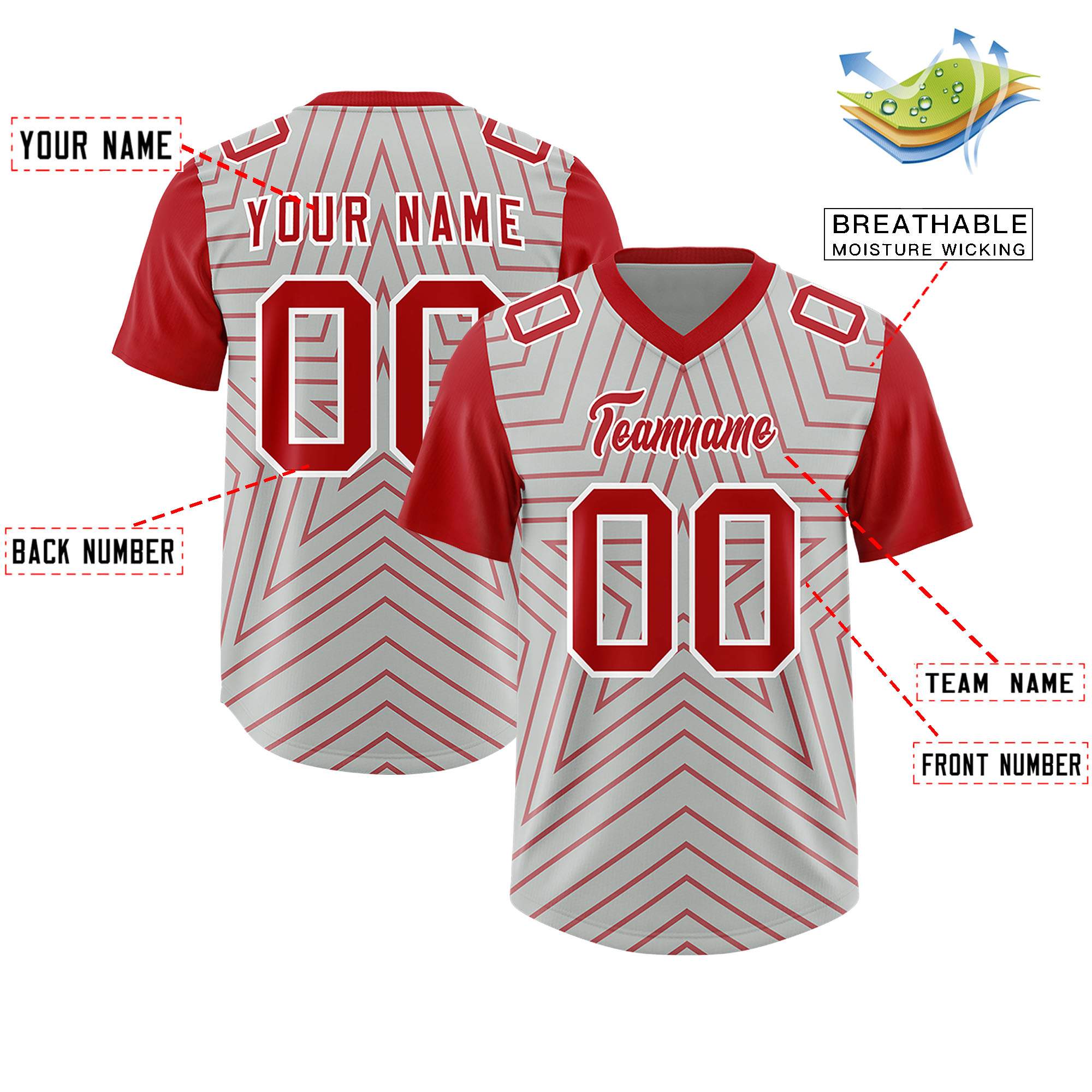 Custom Gray Red Personalized Star Pattern Raglan Sleeves Authentic American Football Jersey