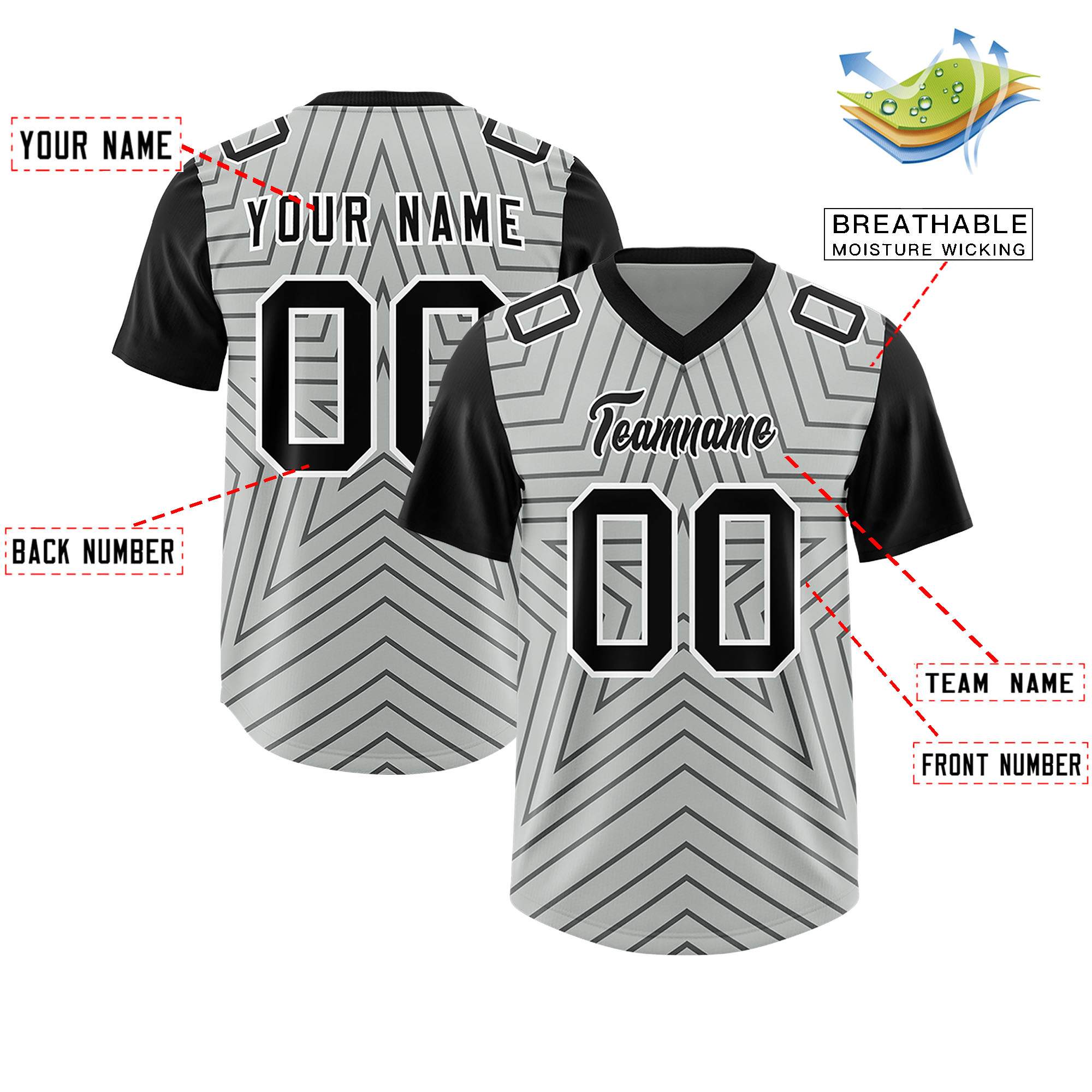 Custom Gray Black Personalized Star Pattern Raglan Sleeves Authentic American Football Jersey