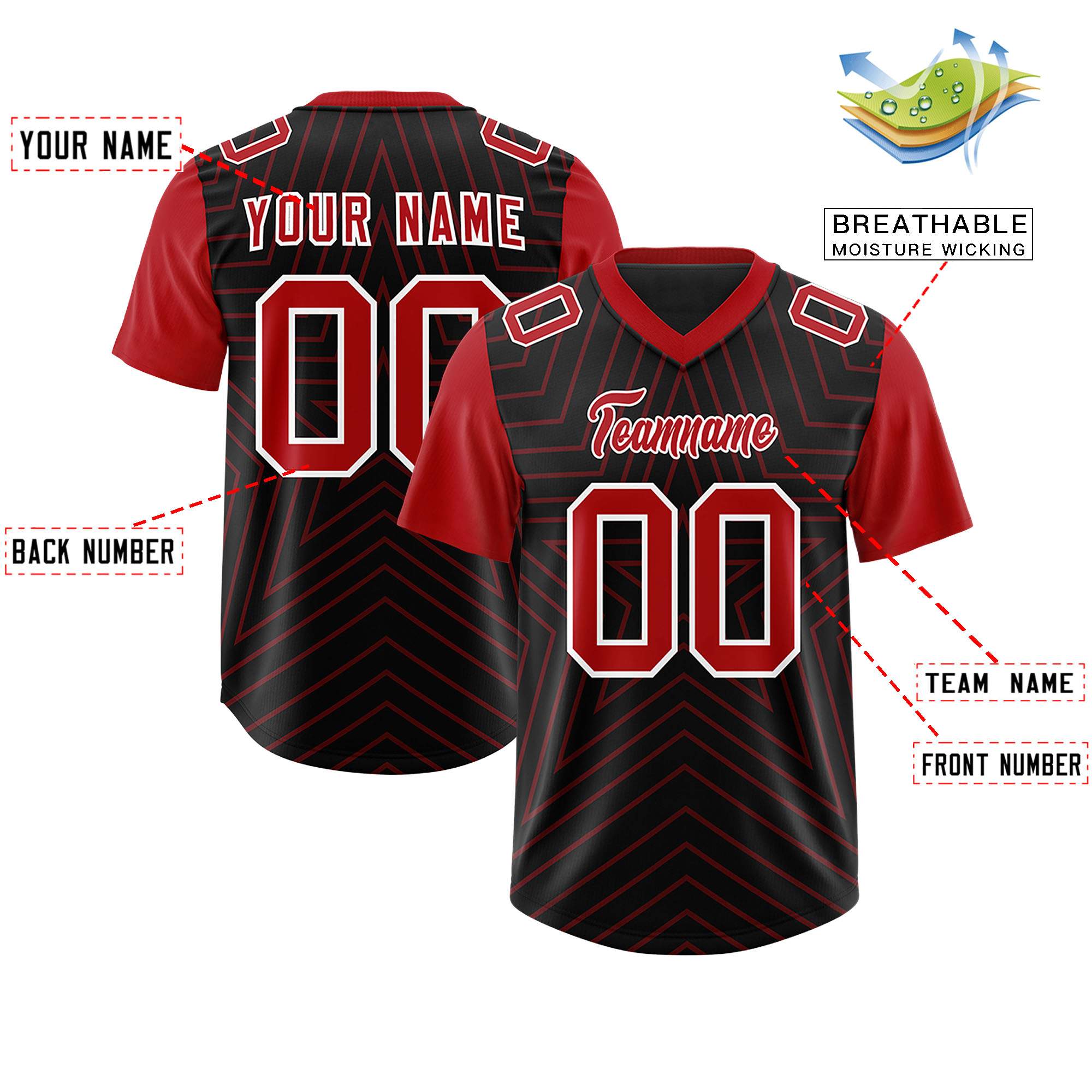 Custom Black Red Personalized Star Pattern Raglan Sleeves Authentic American Football Jersey