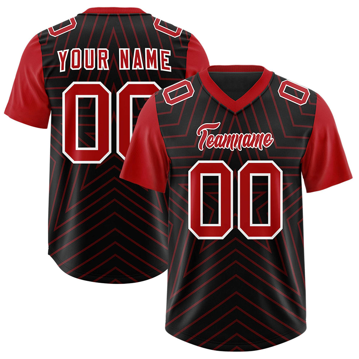 Custom Black Red Personalized Star Pattern Raglan Sleeves Authentic American Football Jersey