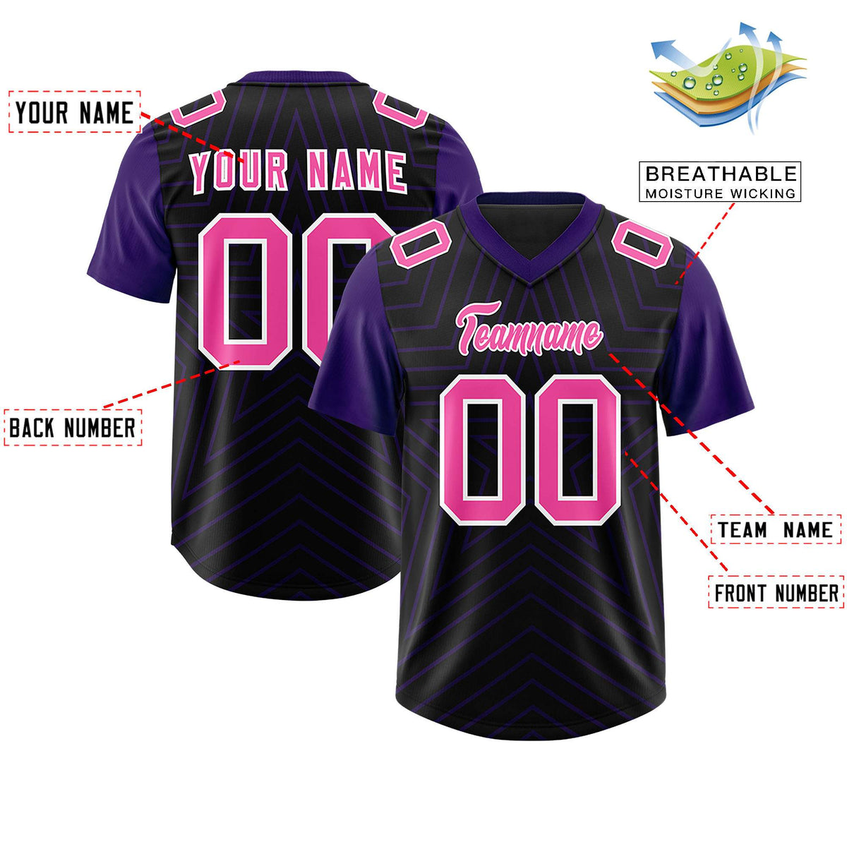 Custom Black Purple Personalized Star Pattern Raglan Sleeves Authentic American Football Jersey