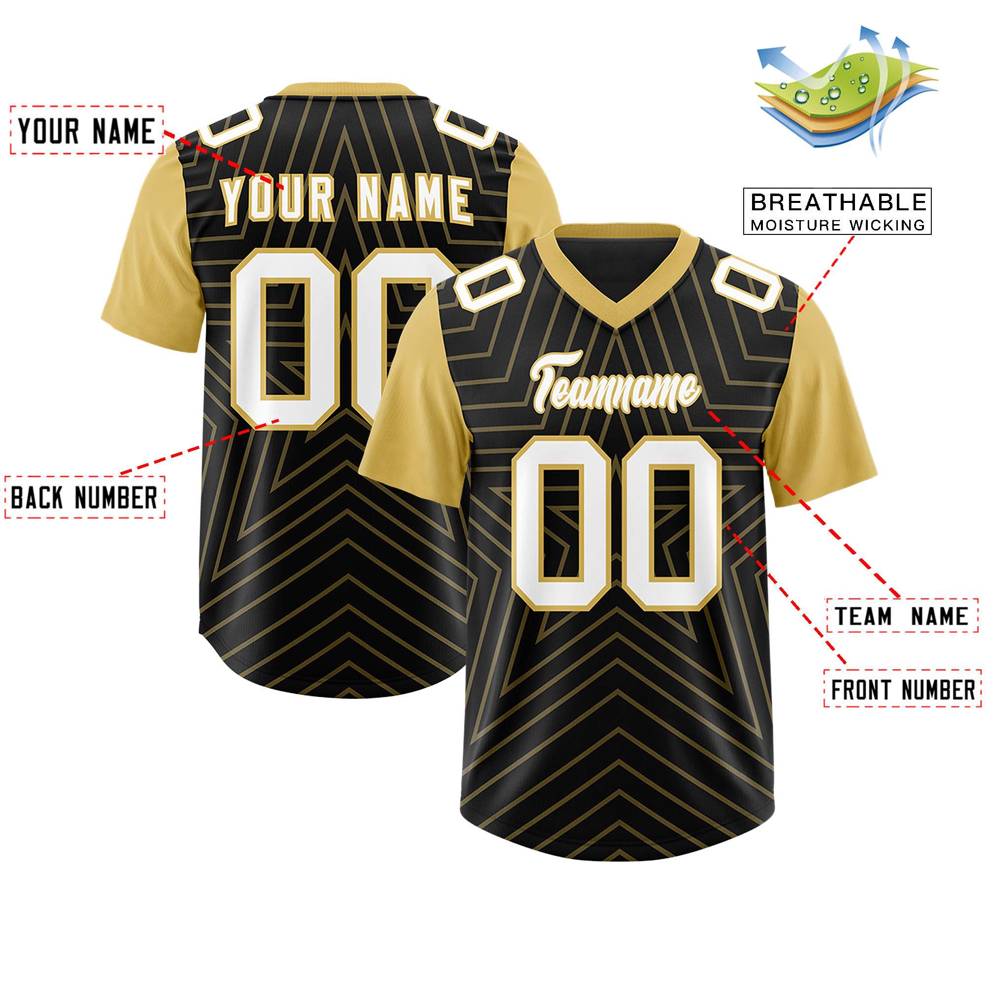 Custom Black Old Gold Personalized Star Pattern Raglan Sleeves Authentic American Football Jersey