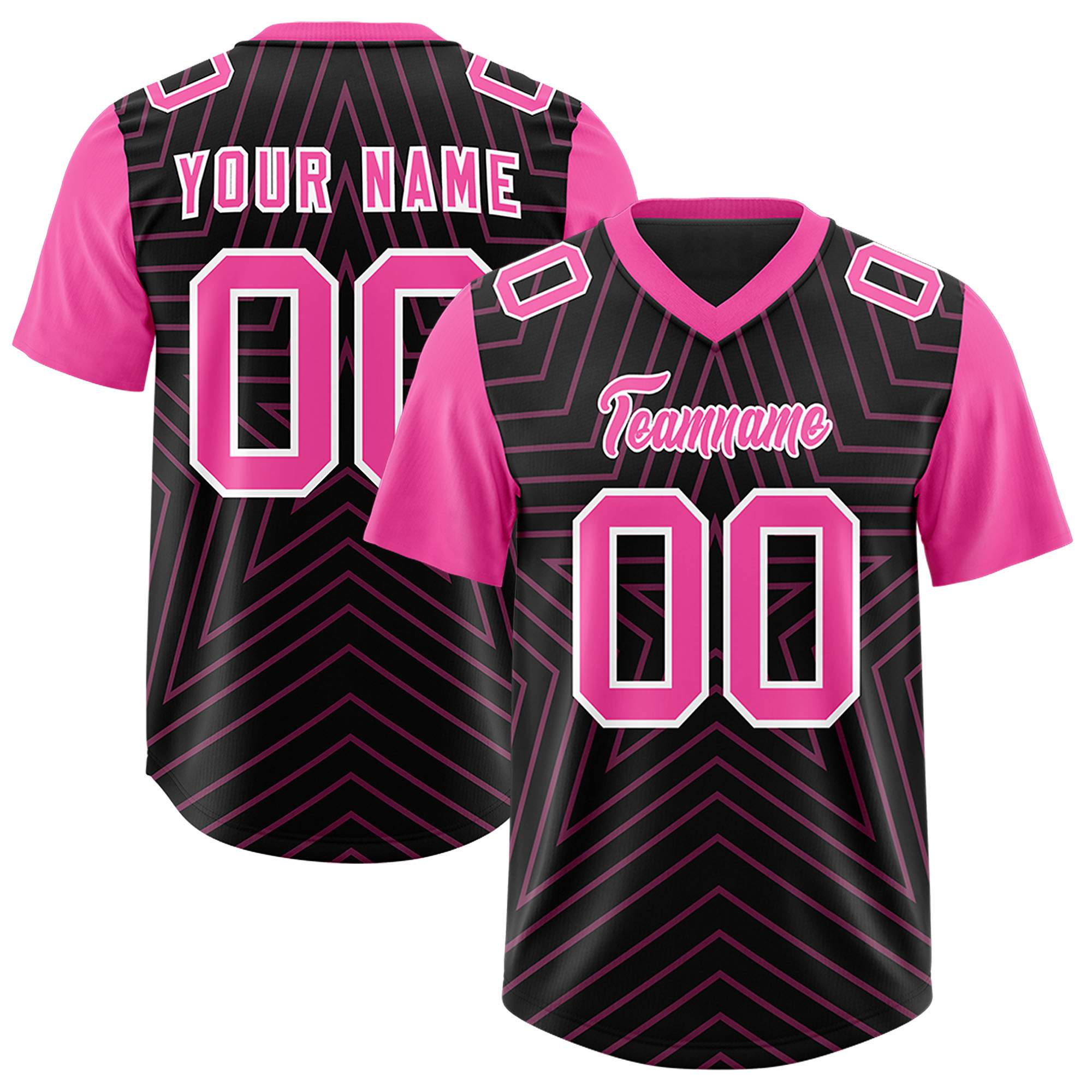 Custom Black Pink Personalized Star Pattern Raglan Sleeves Authentic American Football Jersey