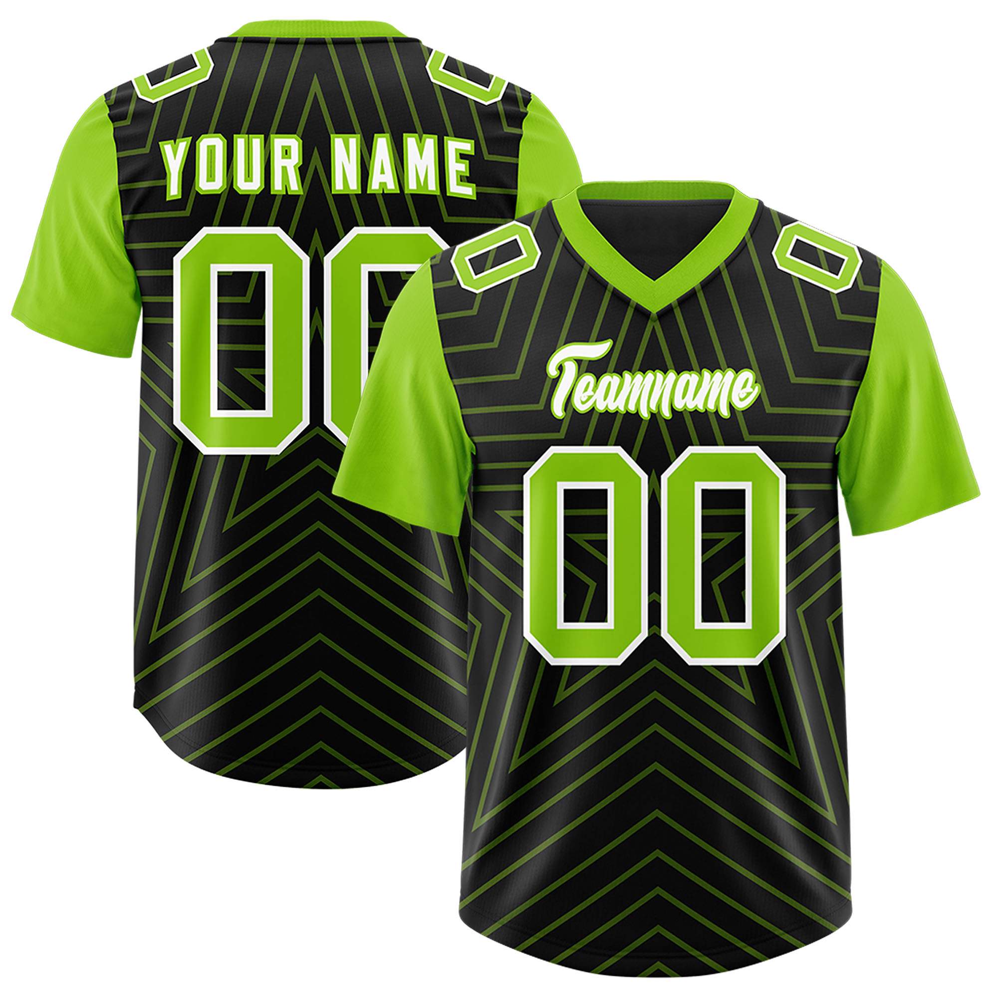 Custom Black Neon Green Personalized Star Pattern Raglan Sleeves Authentic American Football Jersey