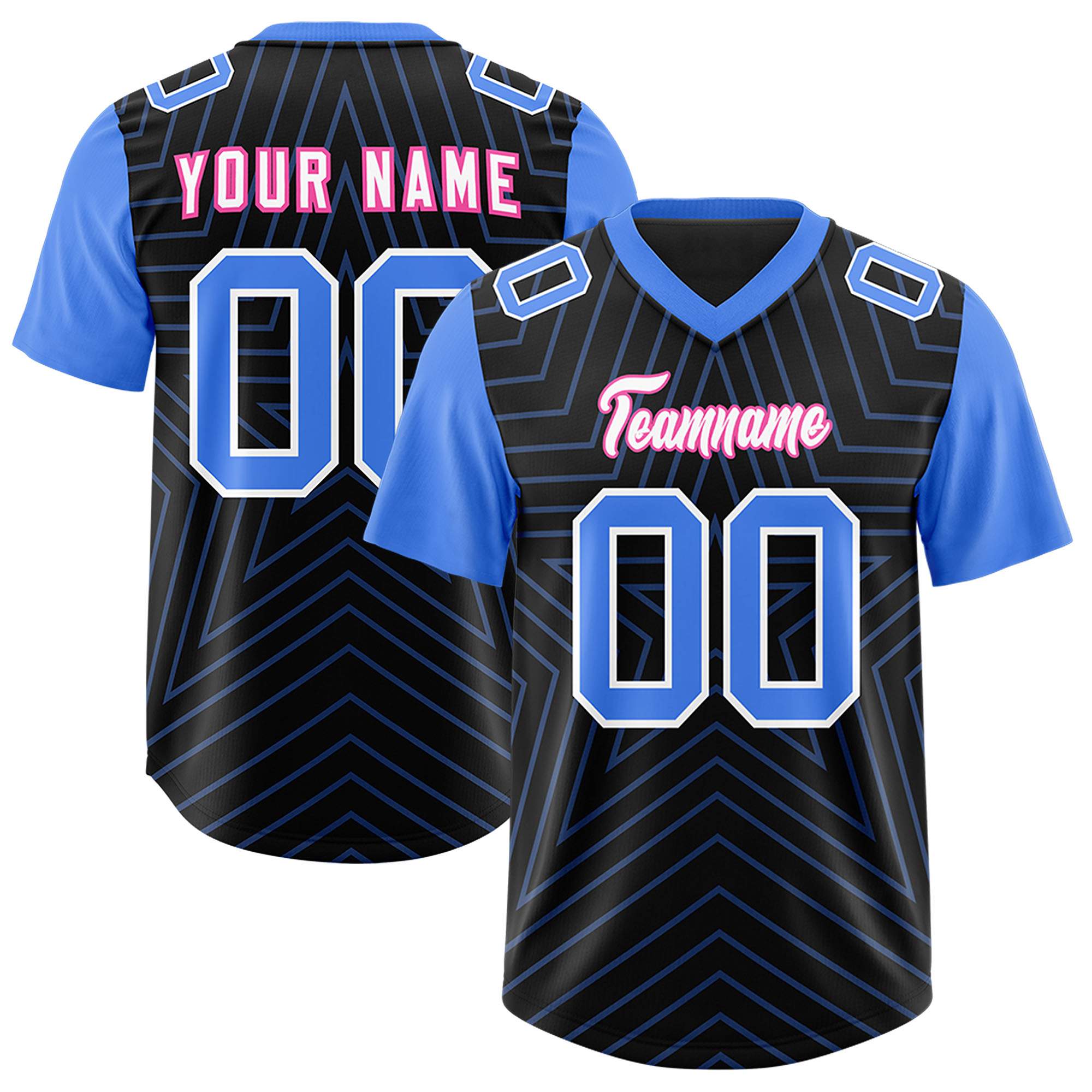Custom Black Powder Blue Personalized Star Pattern Raglan Sleeves Authentic American Football Jersey