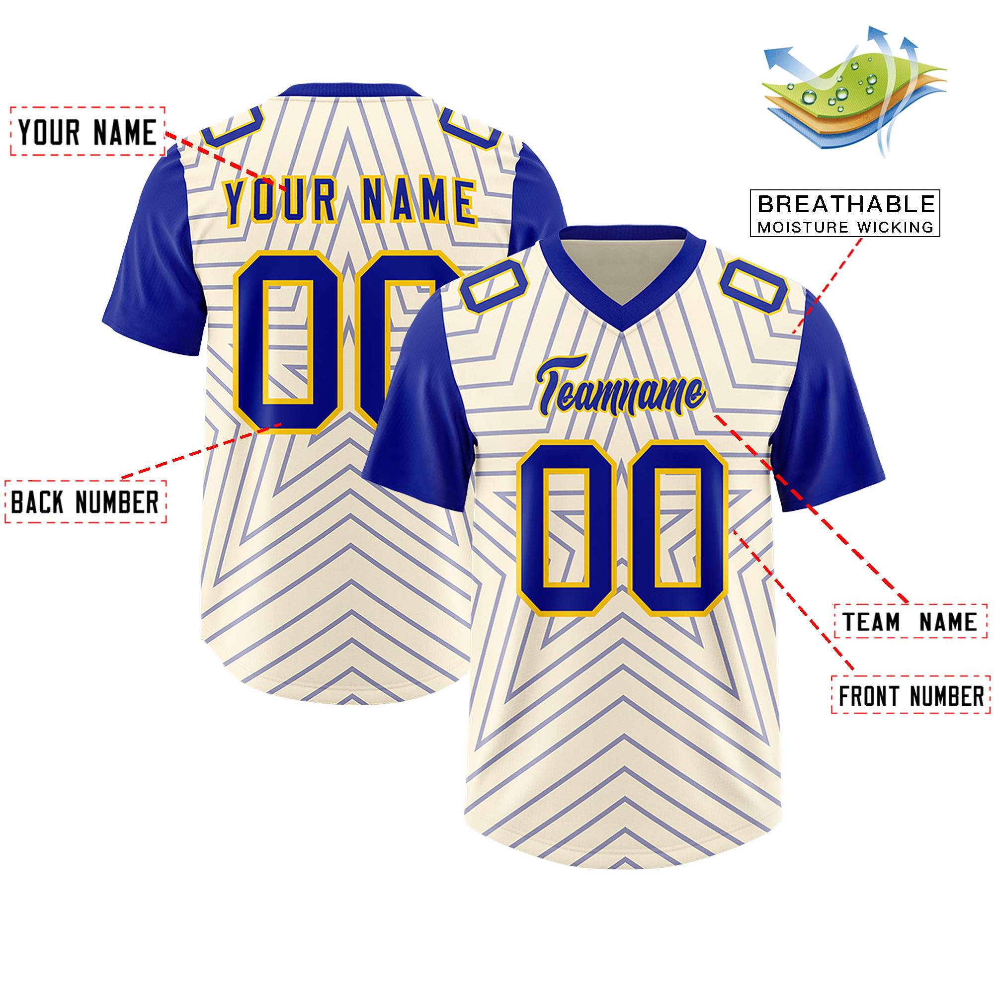 Custom Cream Royal Personalized Star Pattern Raglan Sleeves Authentic American Football Jersey