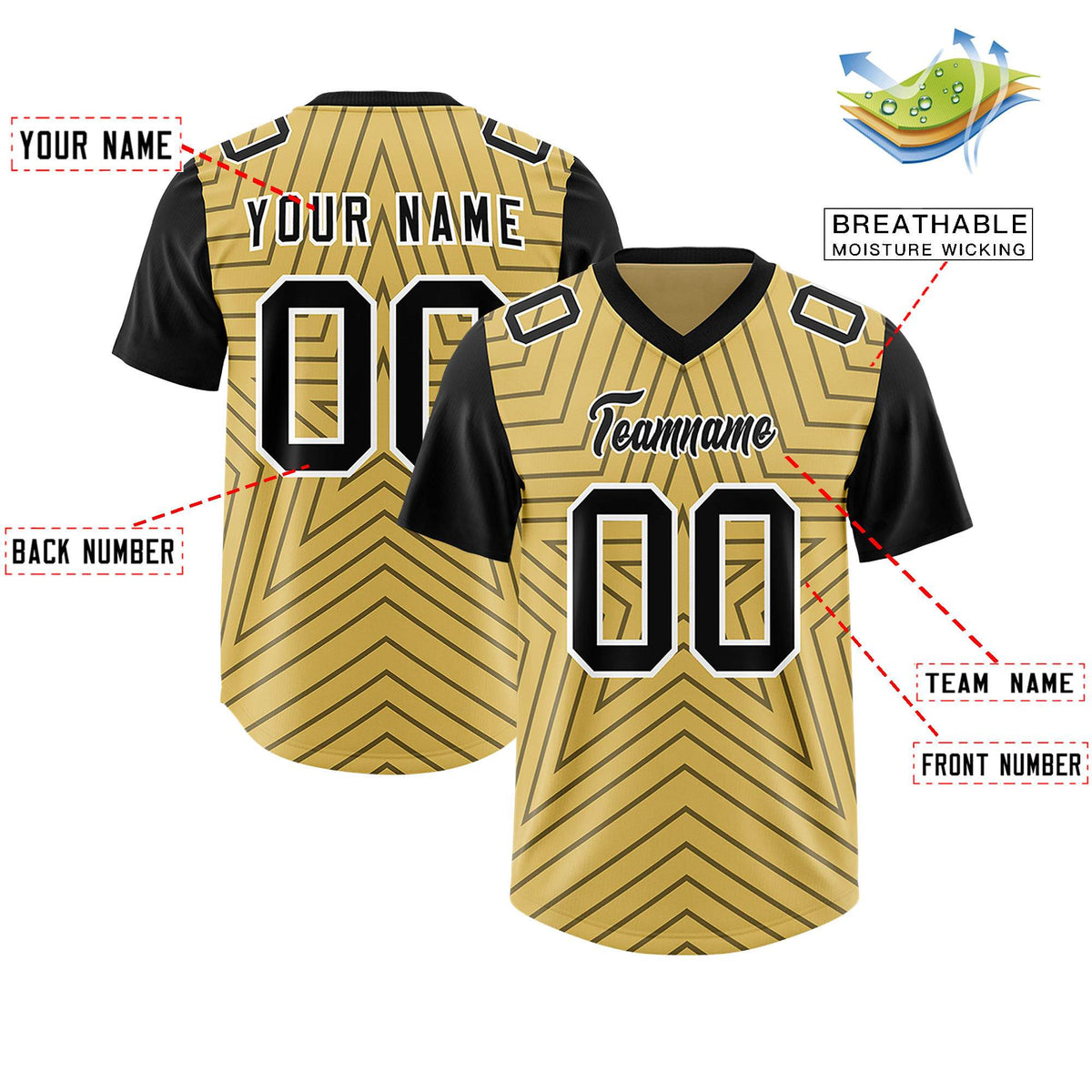 Custom Old Gold Black Personalized Star Pattern Raglan Sleeves Authentic American Football Jersey