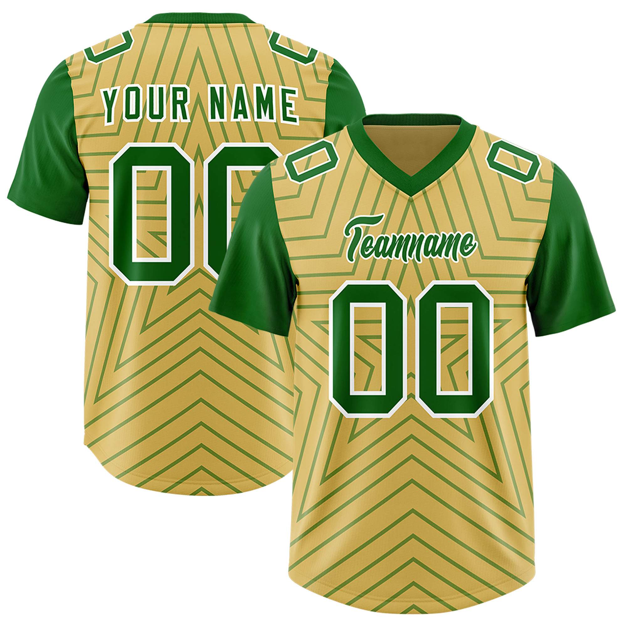 Custom Old Gold Kelly Green Personalized Star Pattern Raglan Sleeves Authentic American Football Jersey