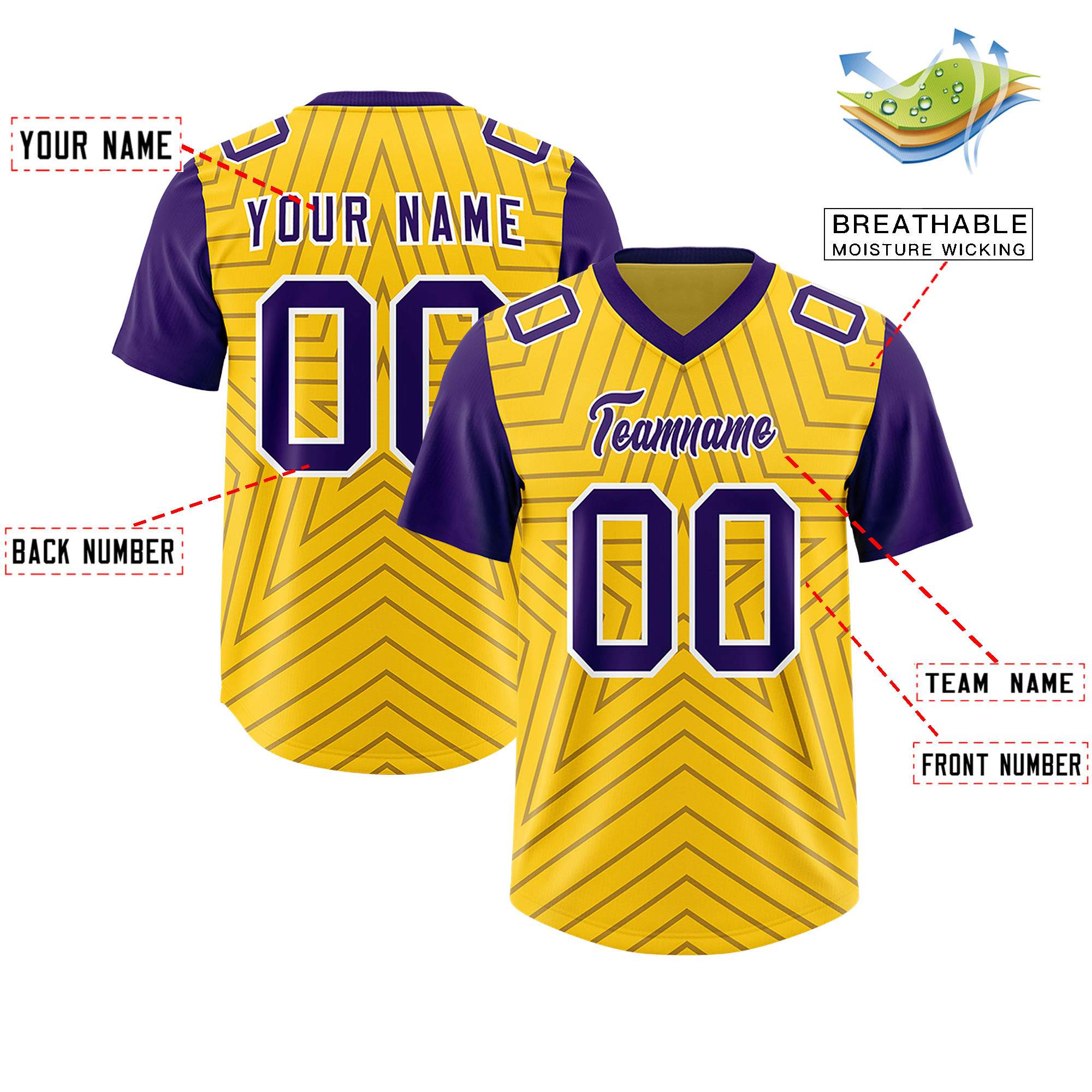 Custom Gold Purple Personalized Star Pattern Raglan Sleeves Authentic American Football Jersey