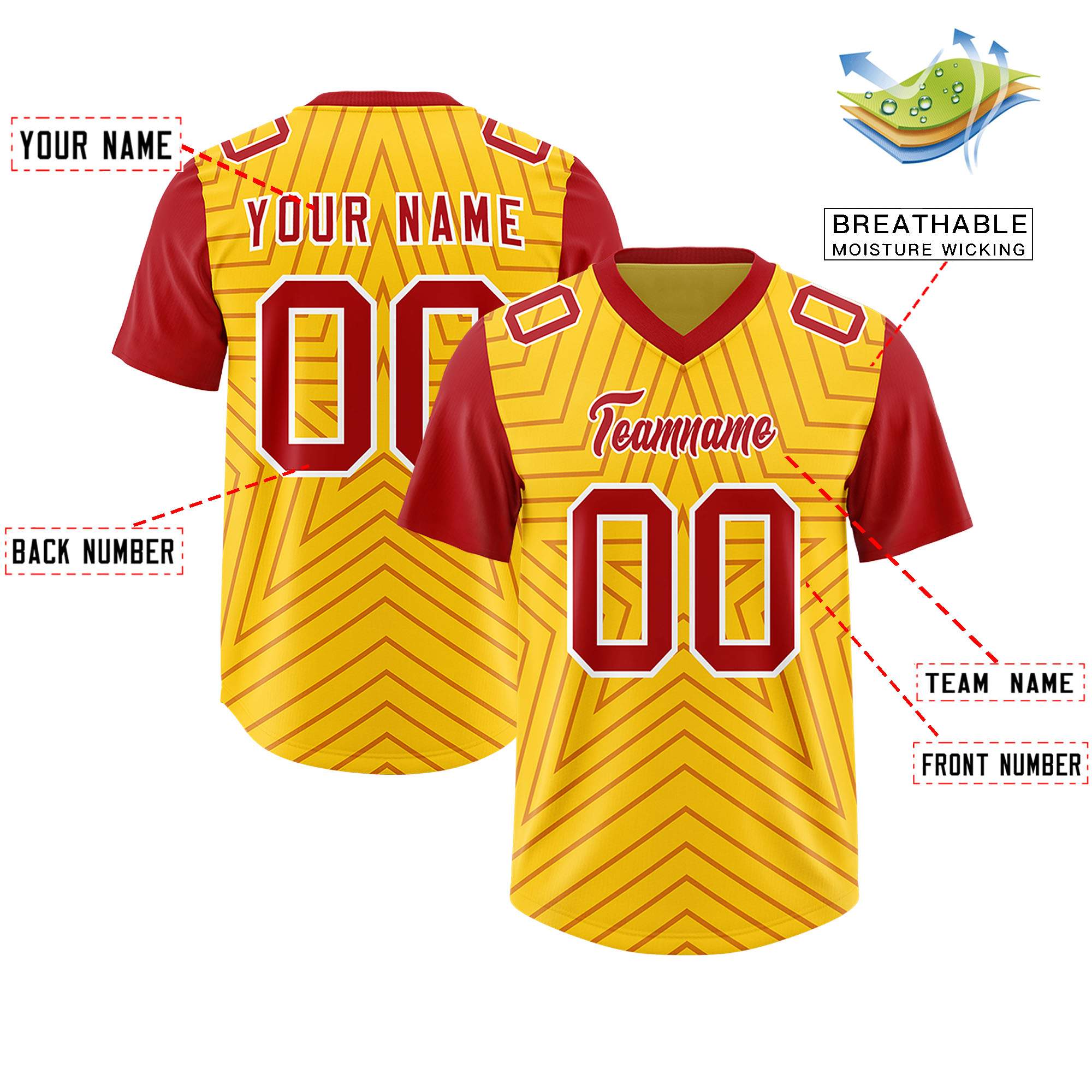 Custom Gold Red Personalized Star Pattern Raglan Sleeves Authentic American Football Jersey