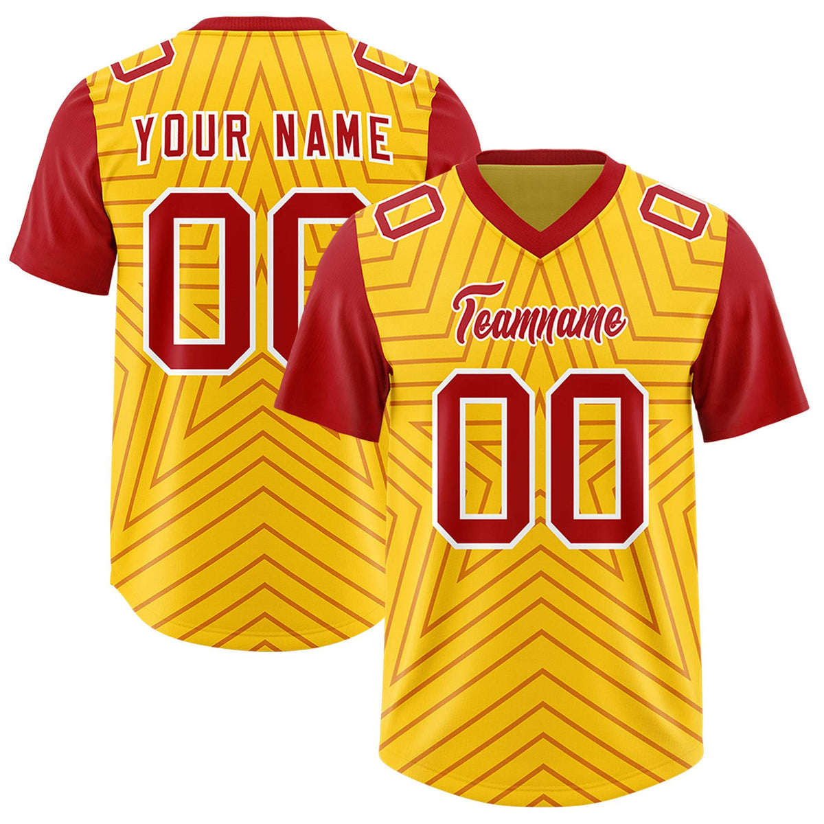 Custom Gold Red Personalized Star Pattern Raglan Sleeves Authentic American Football Jersey