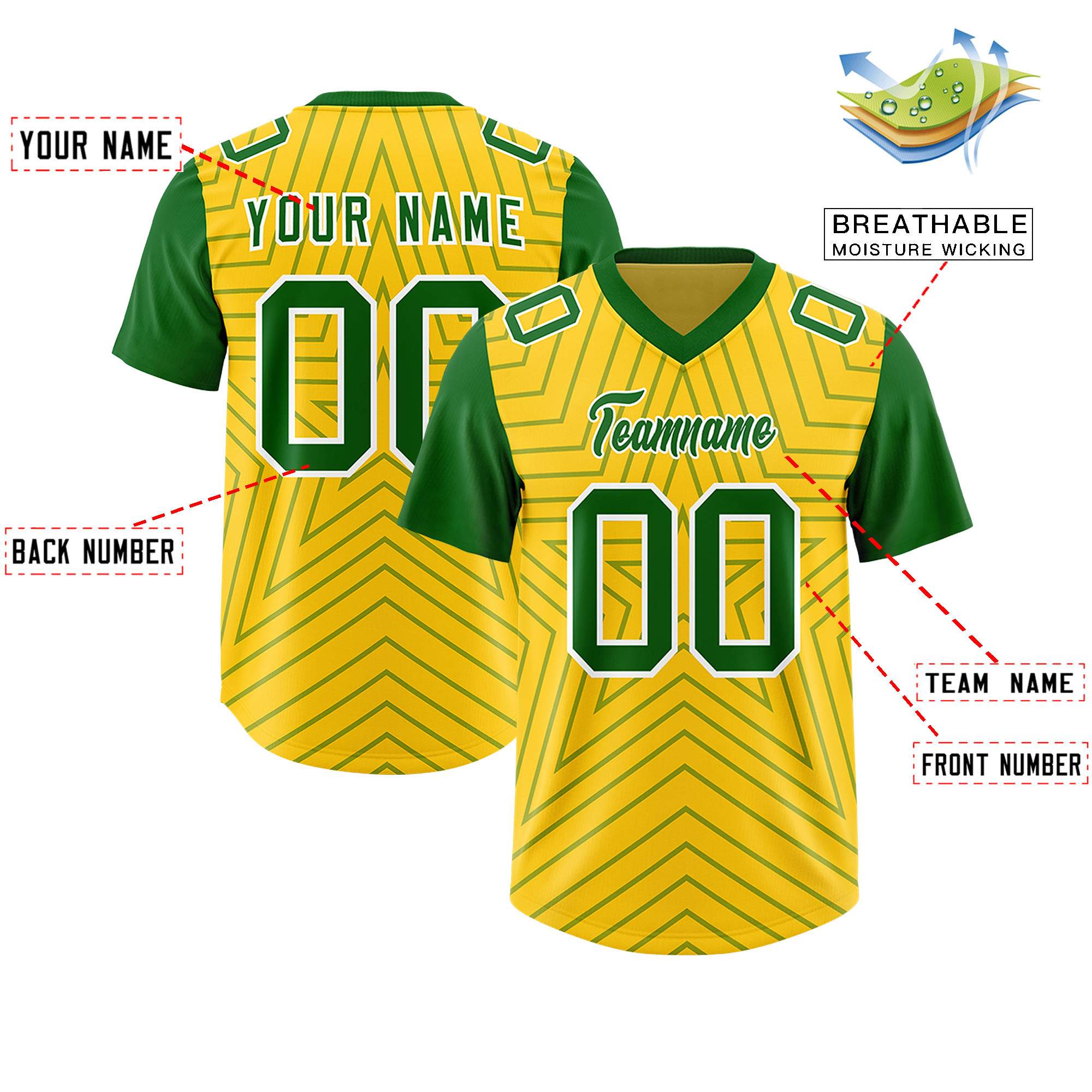 Custom Gold Kelly Green Personalized Star Pattern Raglan Sleeves Authentic American Football Jersey