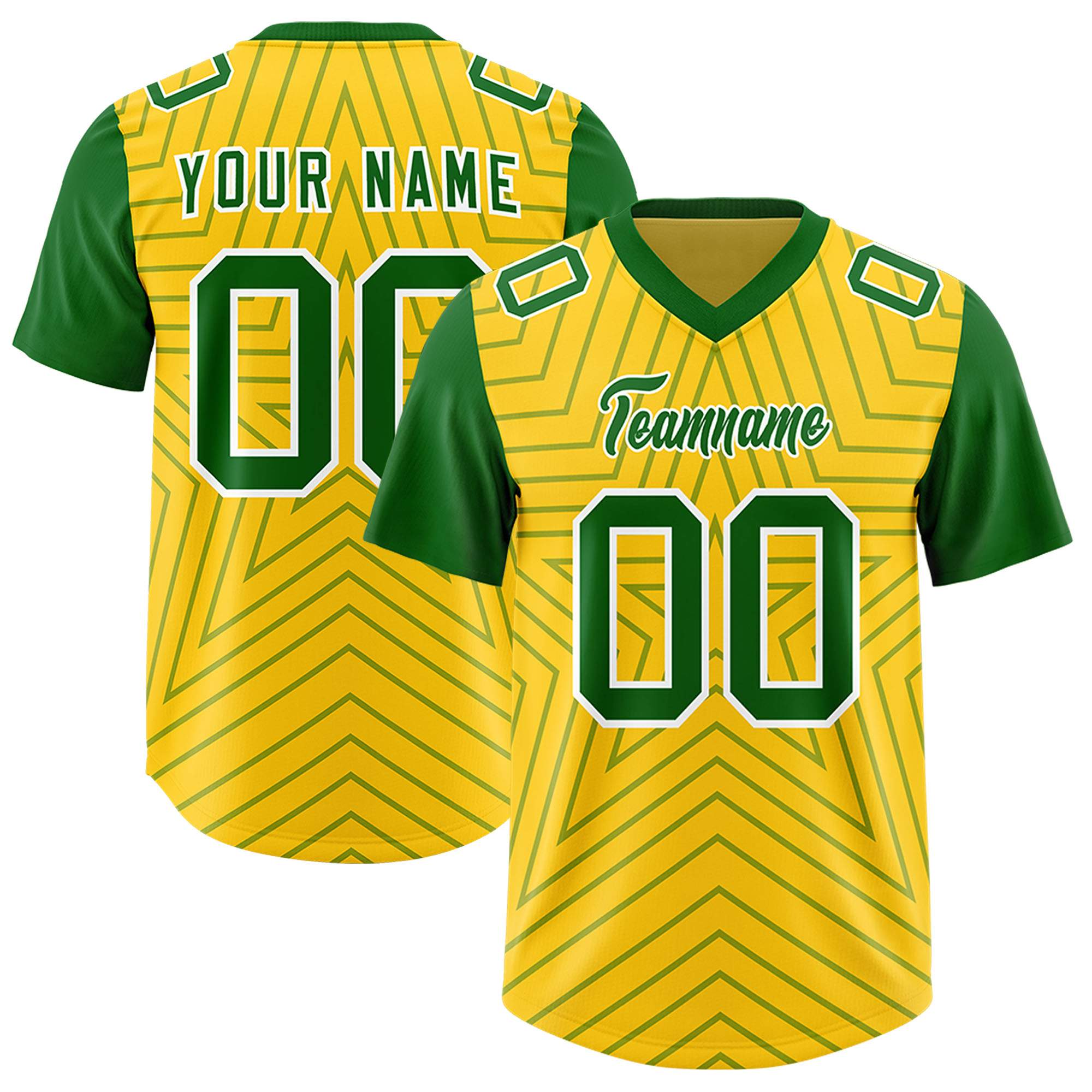 Custom Gold Kelly Green Personalized Star Pattern Raglan Sleeves Authentic American Football Jersey