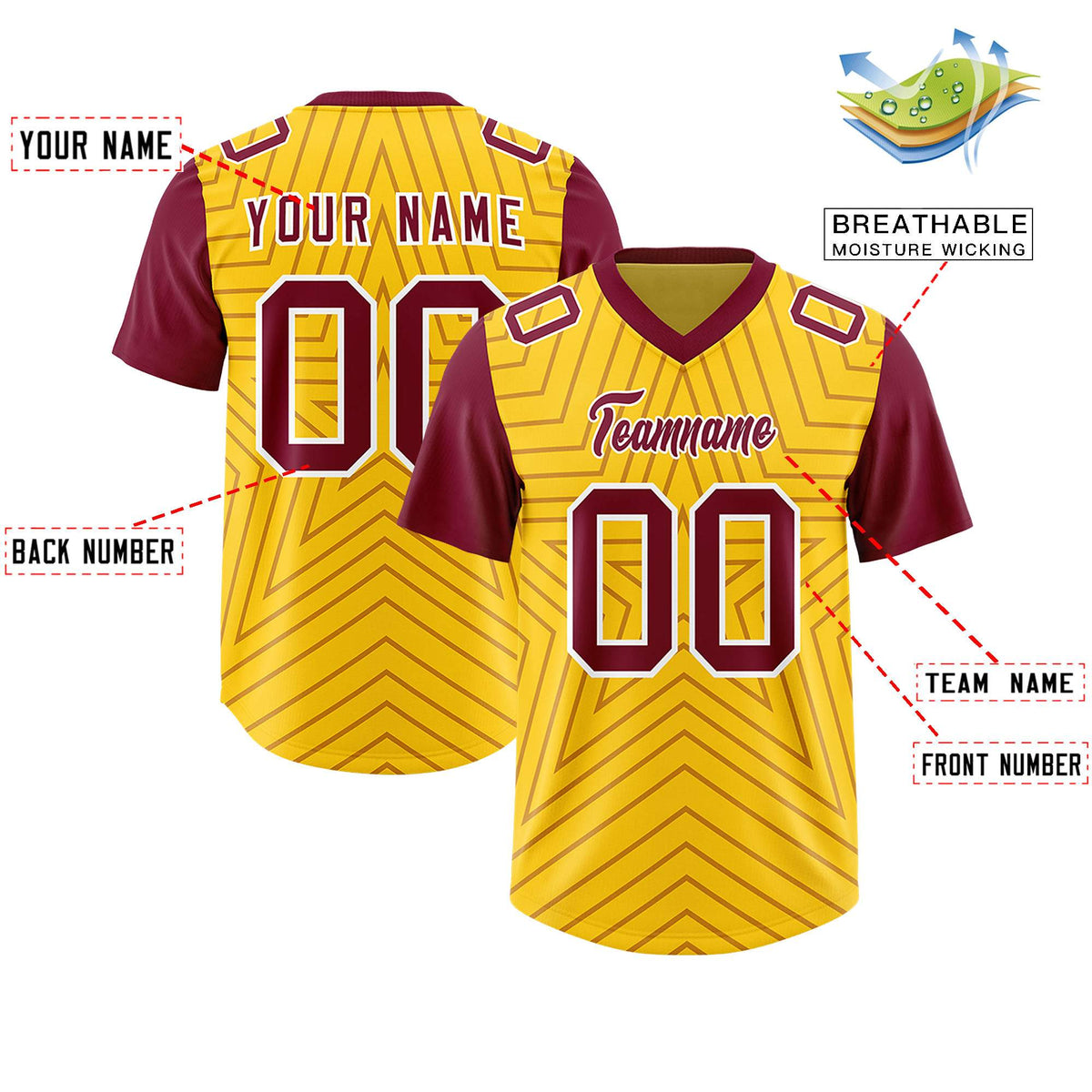 Custom Gold Cardinal Personalized Star Pattern Raglan Sleeves Authentic American Football Jersey