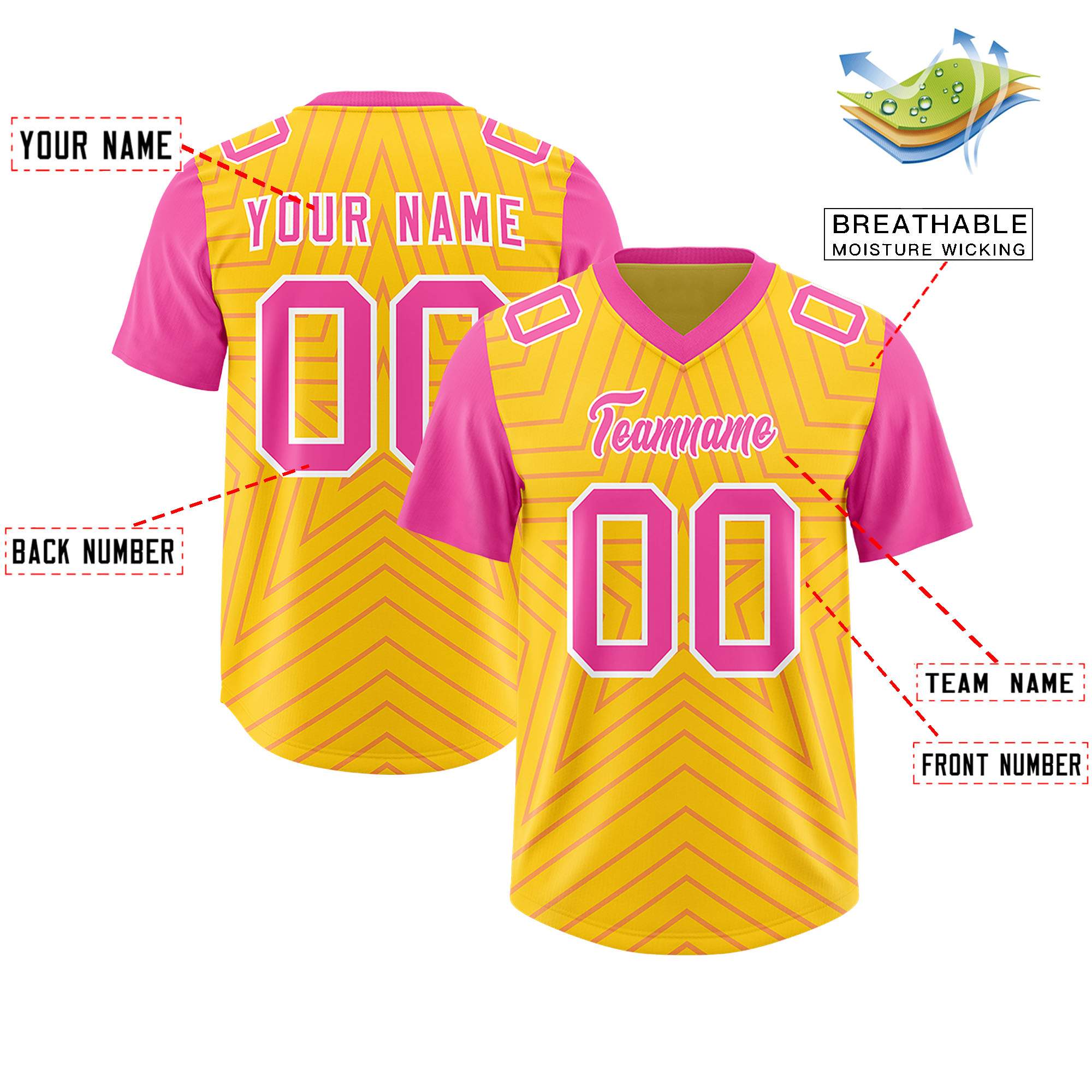 Custom Gold Pink Personalized Star Pattern Raglan Sleeves Authentic American Football Jersey