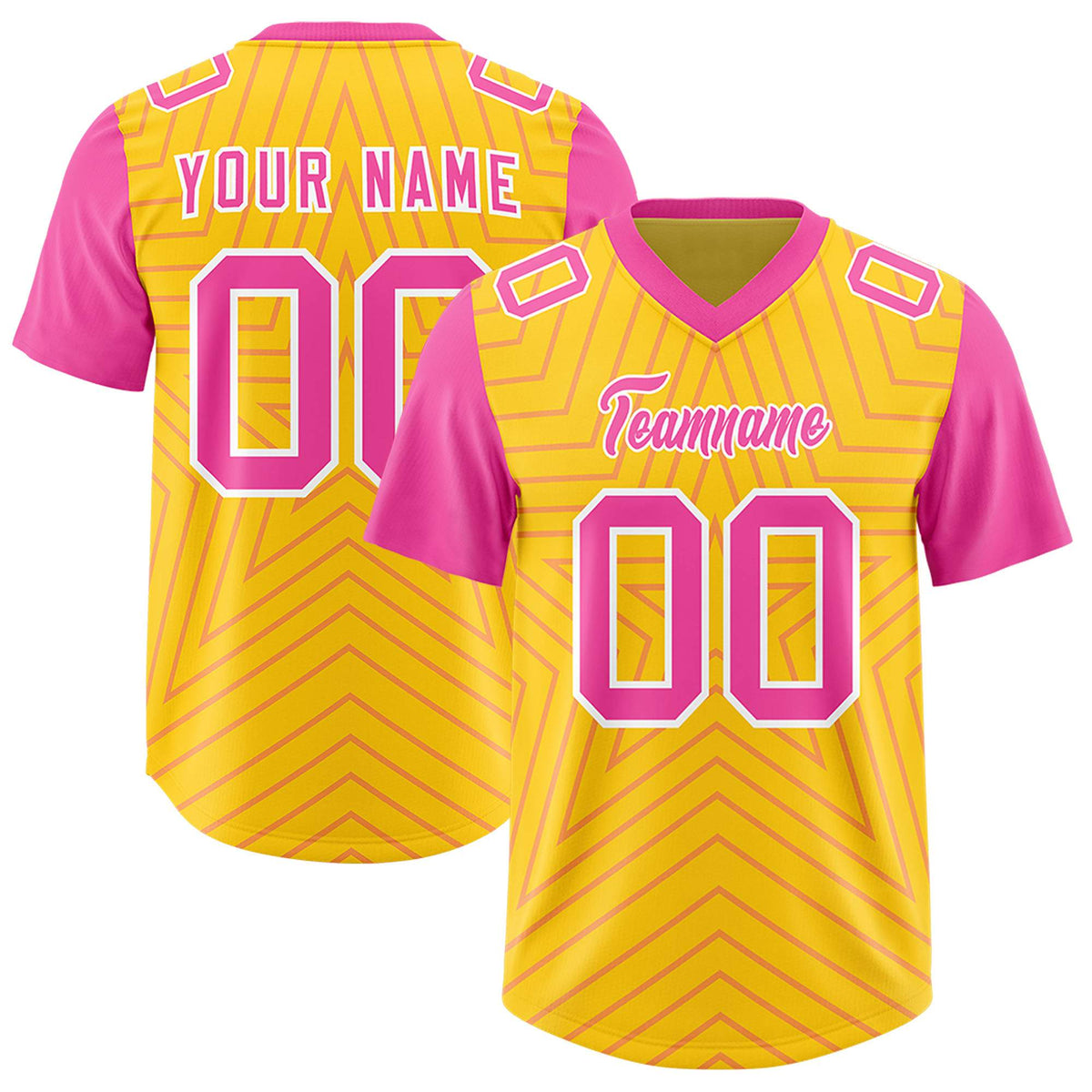 Custom Gold Pink Personalized Star Pattern Raglan Sleeves Authentic American Football Jersey