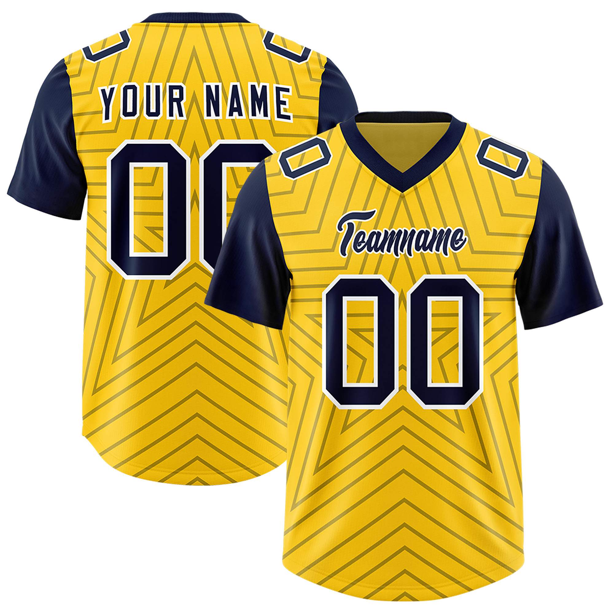 Custom Gold Navy Personalized Star Pattern Raglan Sleeves Authentic American Football Jersey