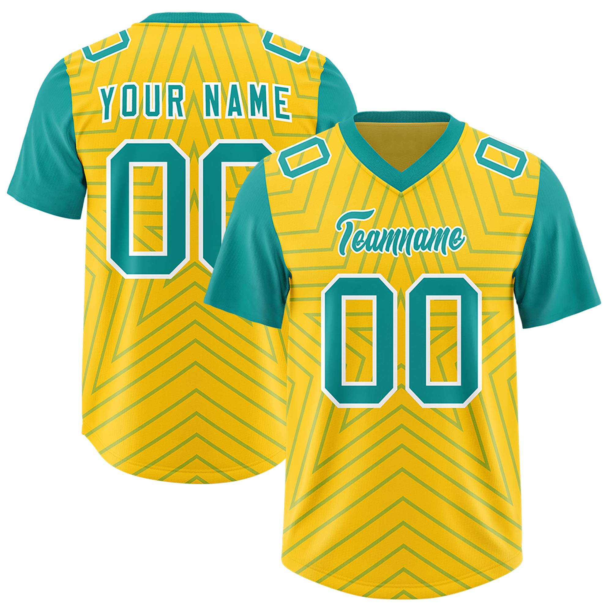 Custom Gold Aqua Personalized Star Pattern Raglan Sleeves Authentic American Football Jersey