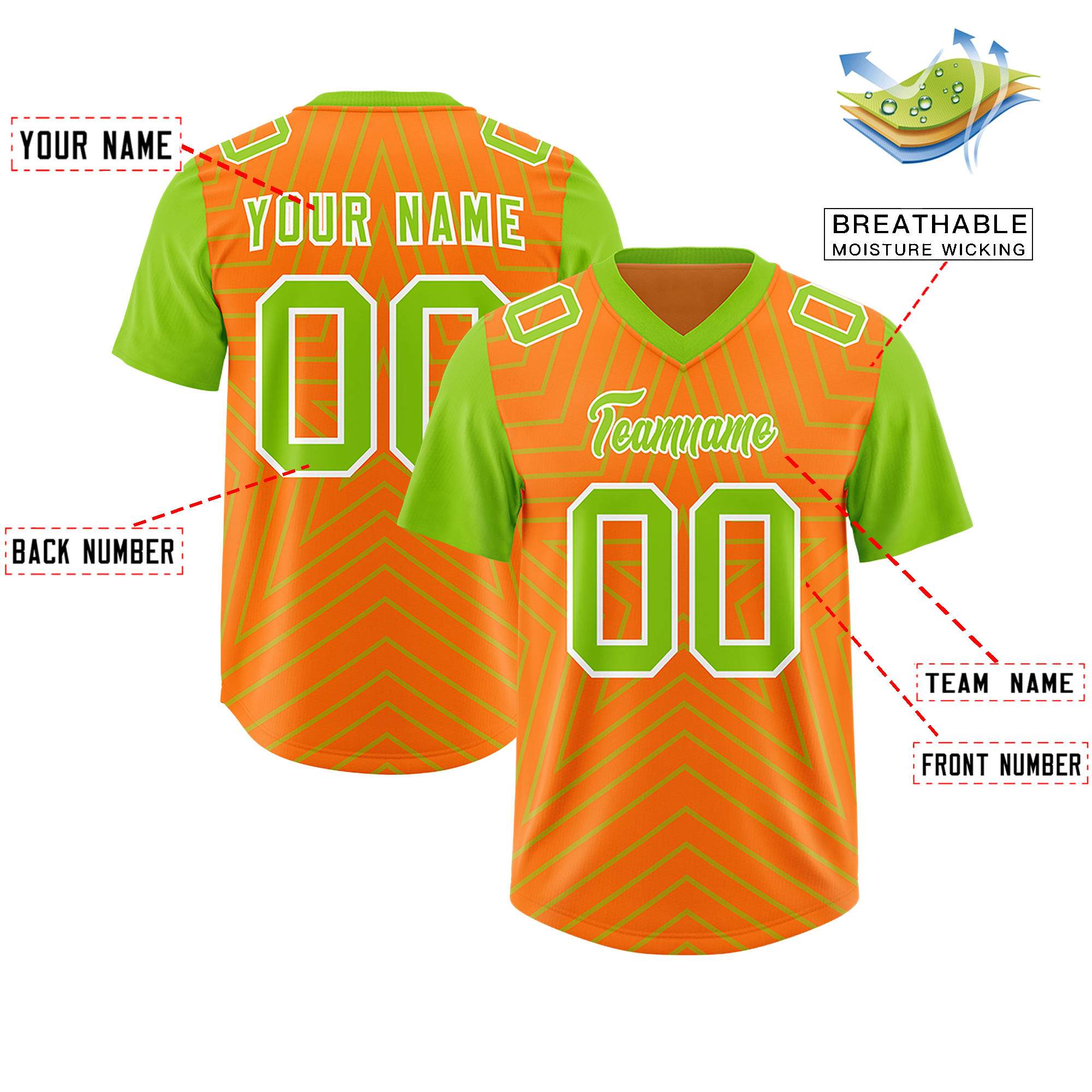 Custom Orange Neon Green Personalized Star Pattern Raglan Sleeves Authentic American Football Jersey