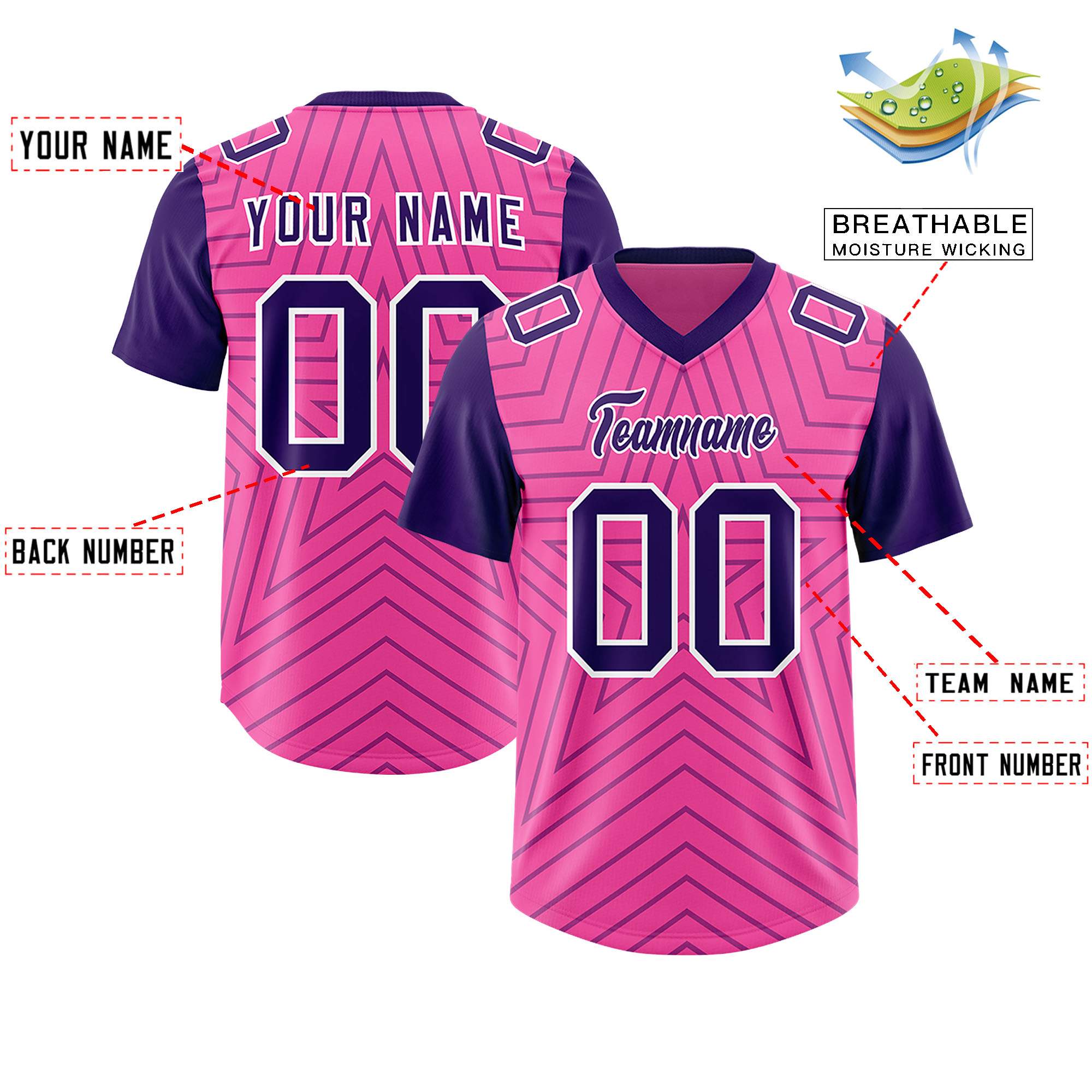 Custom Pink Purple Personalized Star Pattern Raglan Sleeves Authentic American Football Jersey