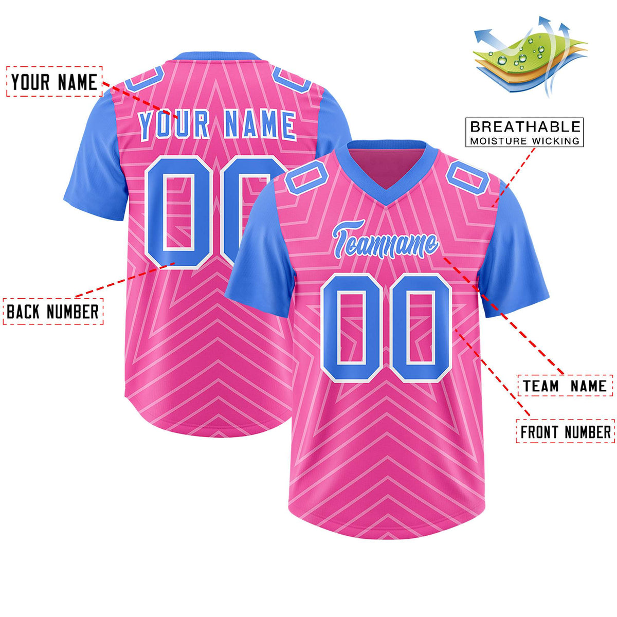 Custom Pink Powder Blue Personalized Star Pattern Raglan Sleeves Authentic American Football Jersey