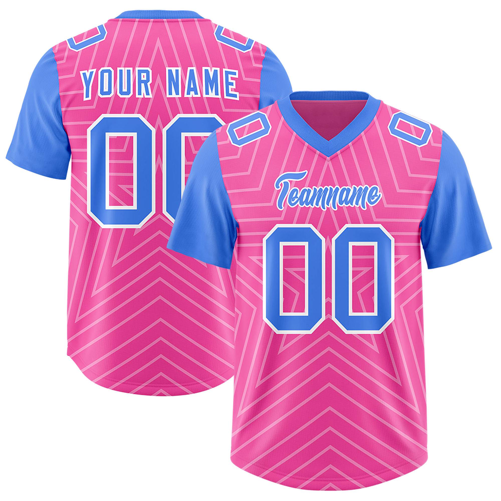 Custom Pink Powder Blue Personalized Star Pattern Raglan Sleeves Authentic American Football Jersey