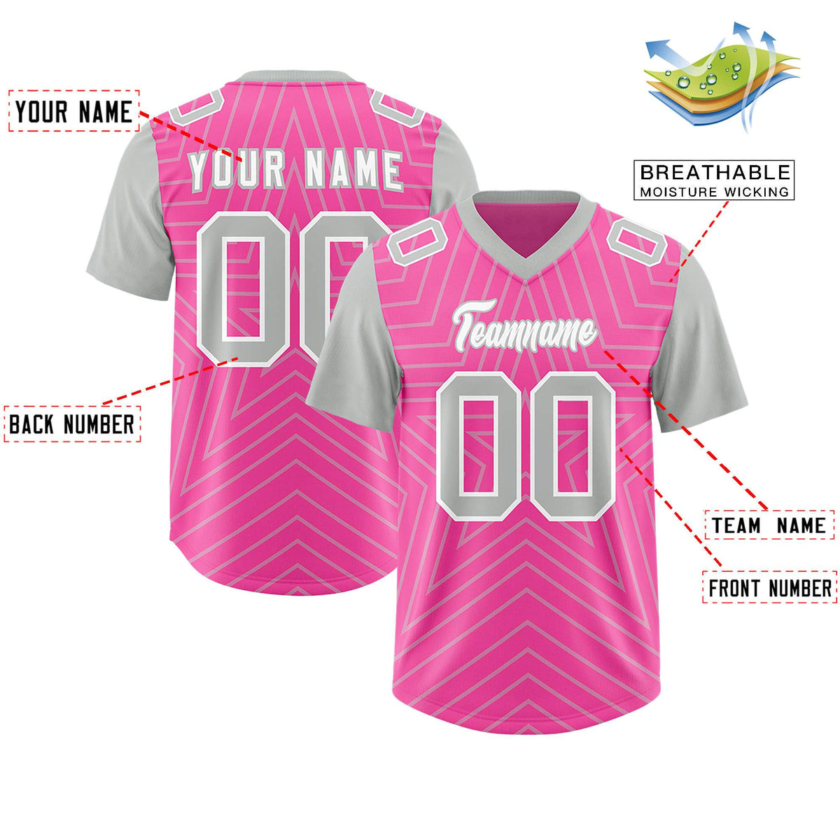 Custom Pink Gray Personalized Star Pattern Raglan Sleeves Authentic American Football Jersey