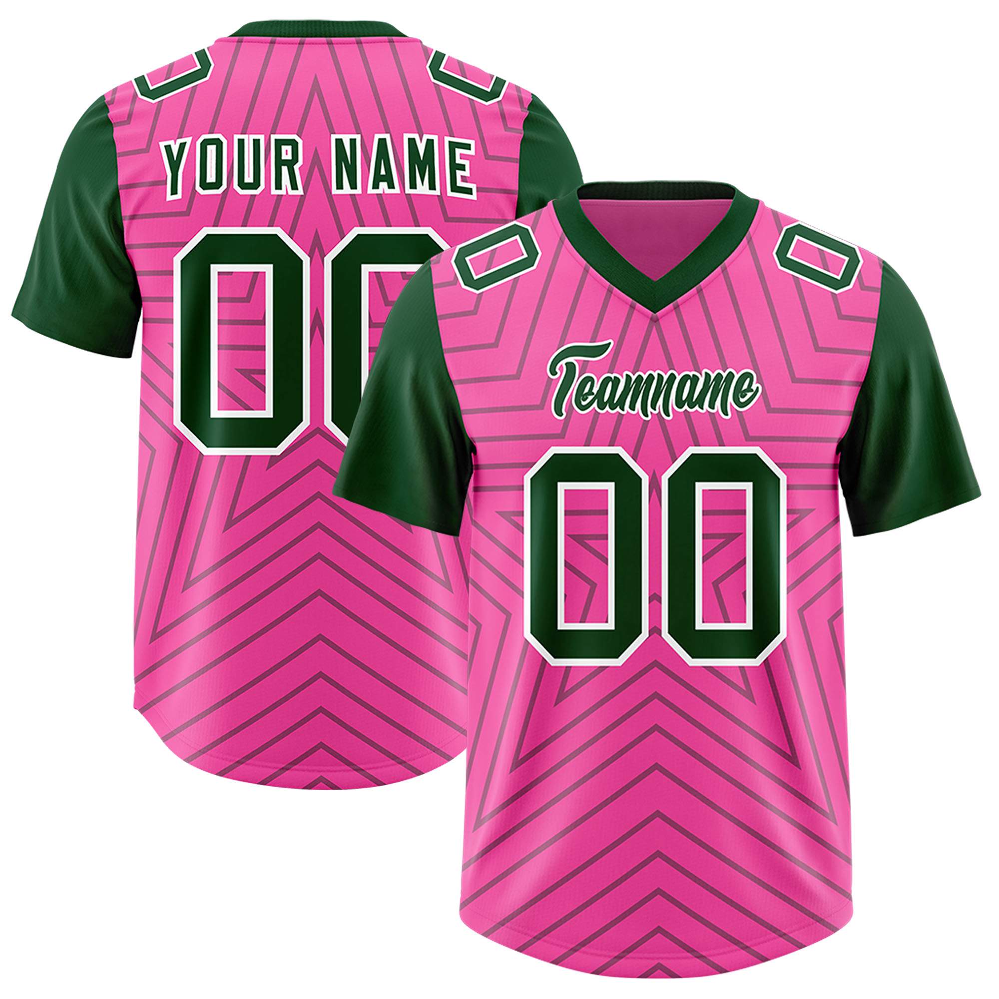 Custom Pink Green Personalized Star Pattern Raglan Sleeves Authentic American Football Jersey