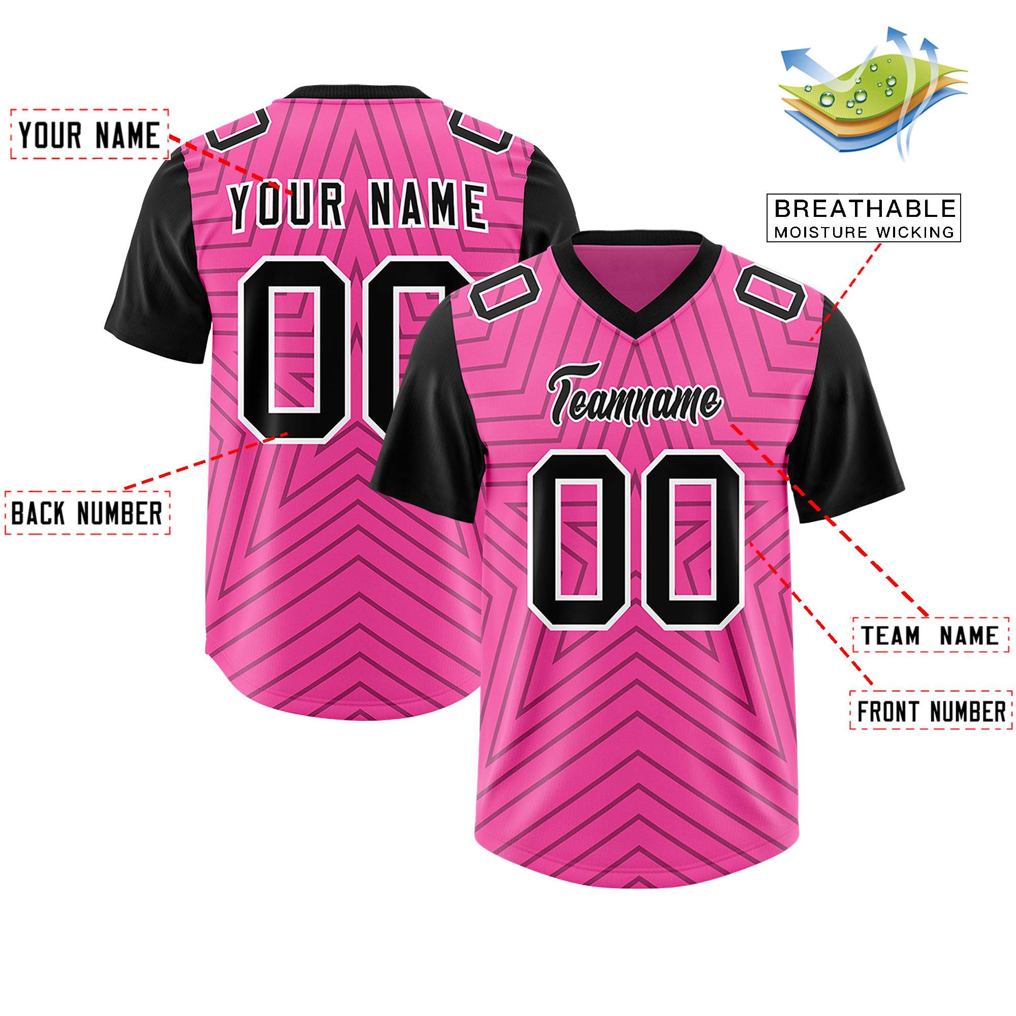 Custom Pink Black Personalized Star Pattern Raglan Sleeves Authentic American Football Jersey