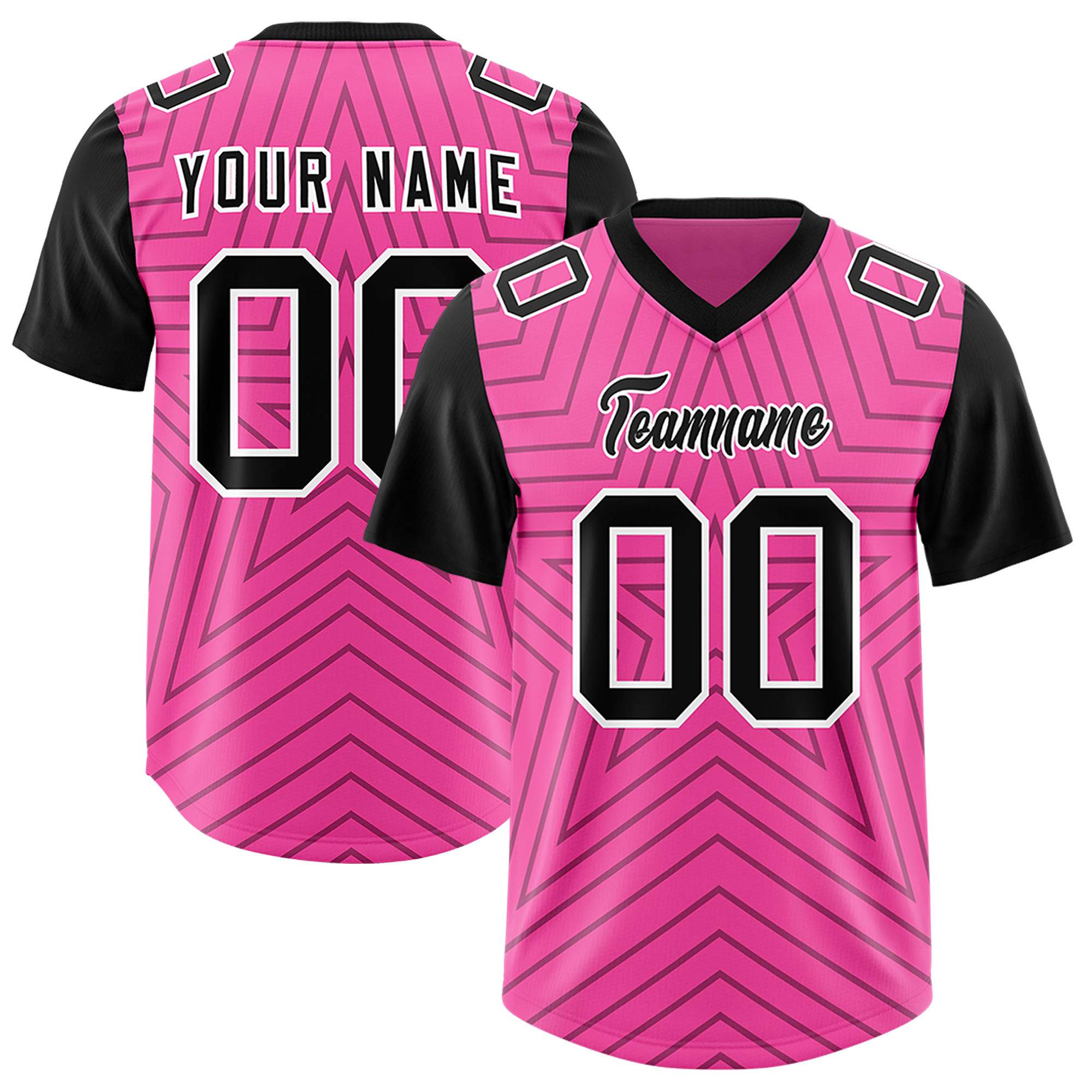 Custom Pink Black Personalized Star Pattern Raglan Sleeves Authentic American Football Jersey
