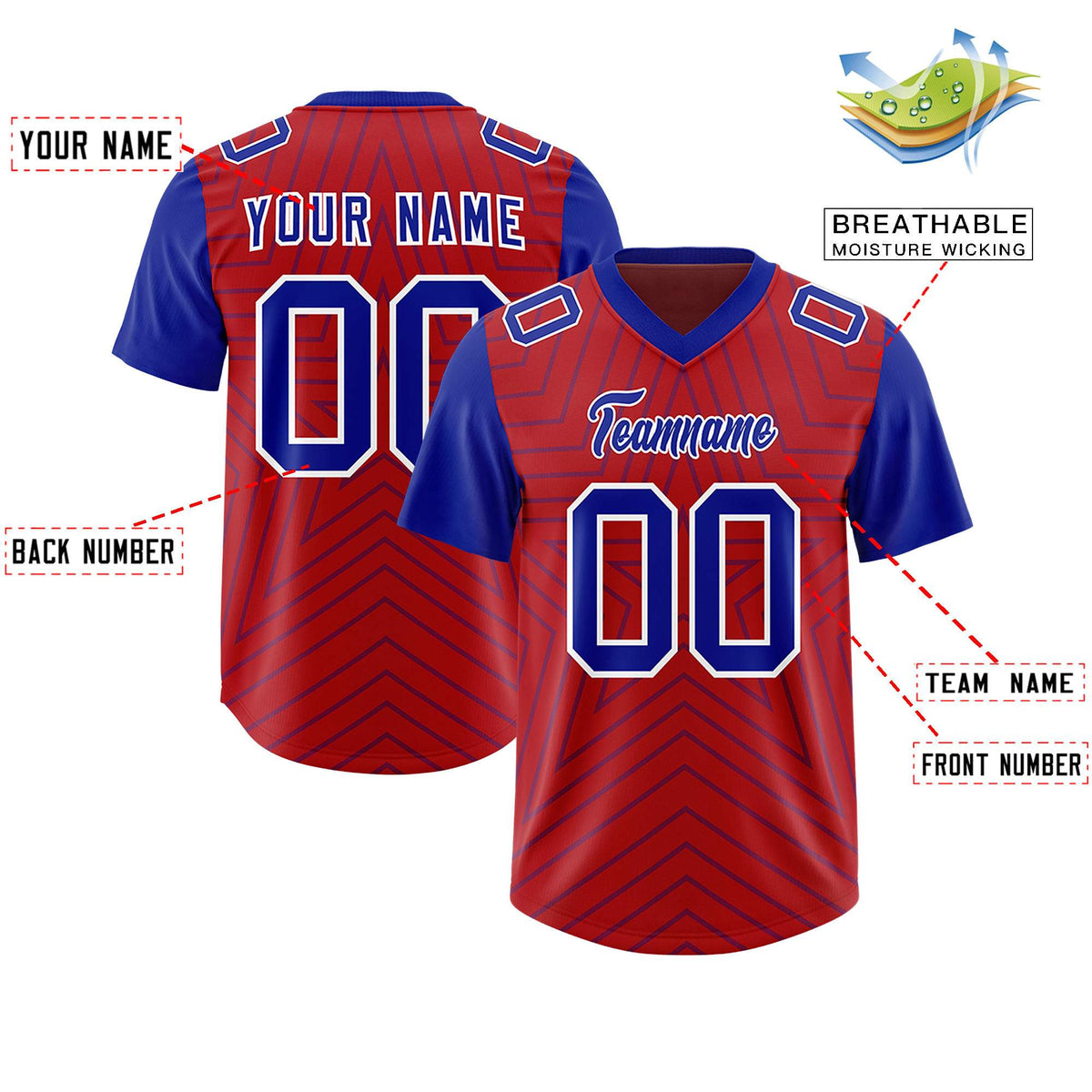Custom Red Royal Personalized Star Pattern Raglan Sleeves Authentic American Football Jersey
