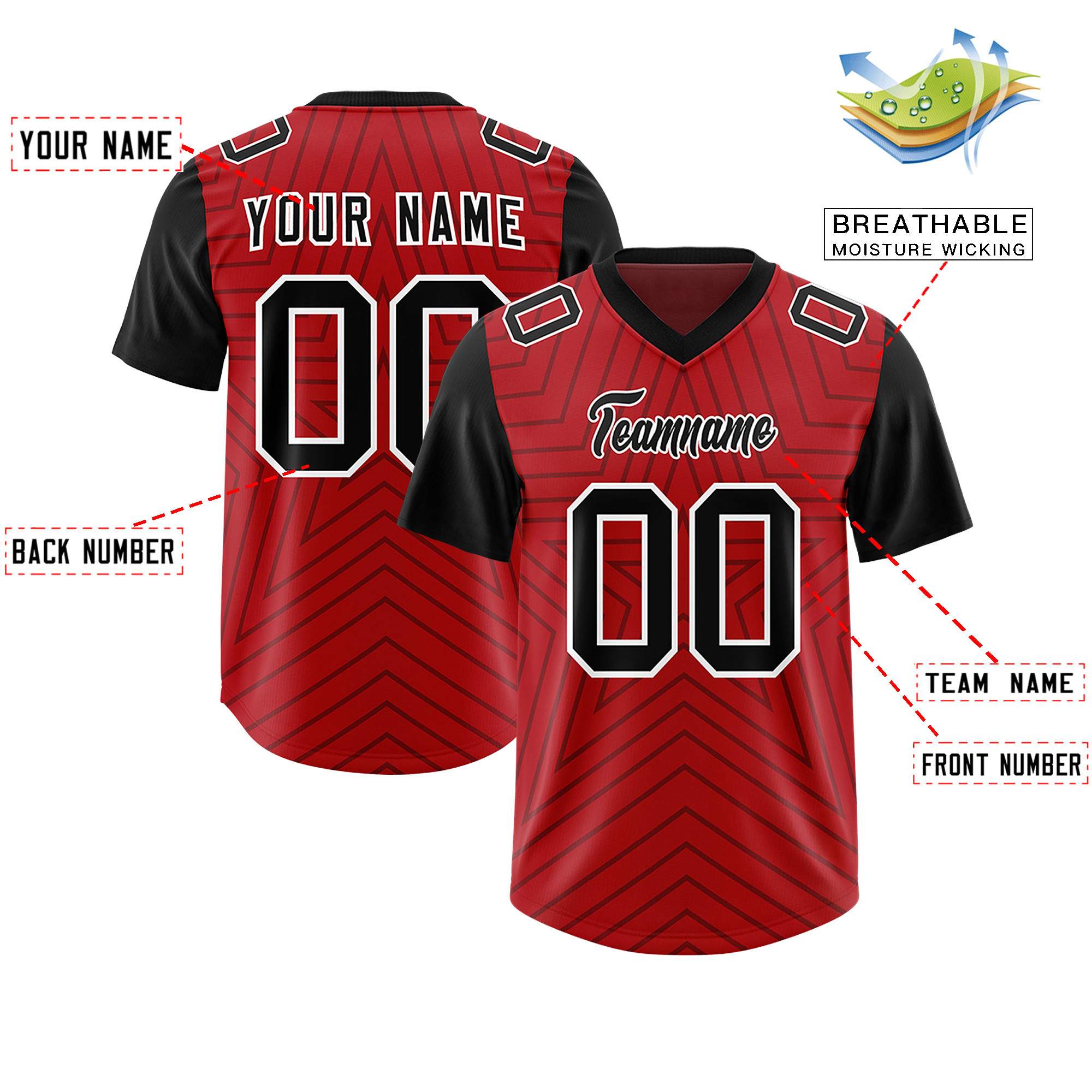 Custom Red Black Personalized Star Pattern Raglan Sleeves Authentic American Football Jersey