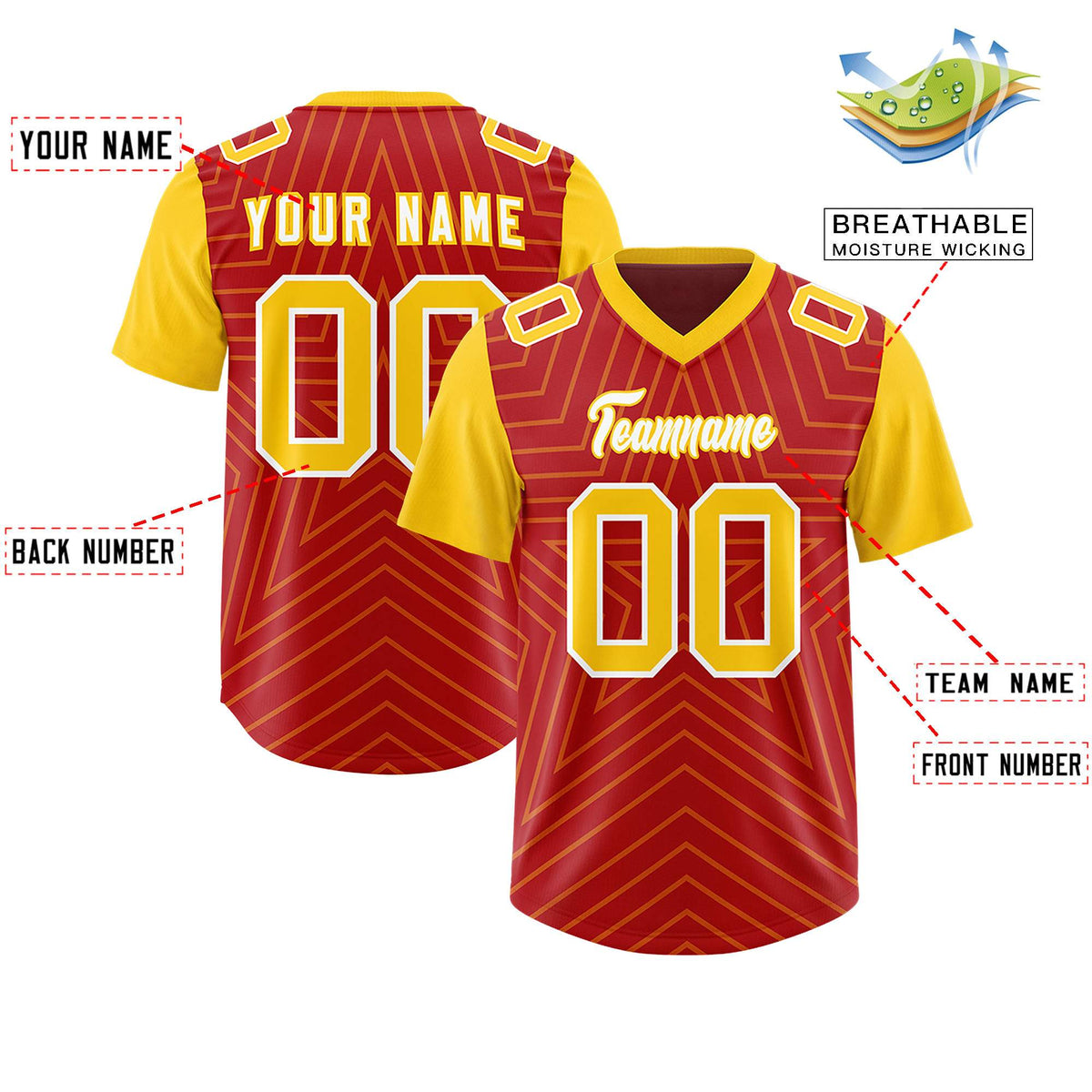 Custom Red Gold Personalized Star Pattern Raglan Sleeves Authentic American Football Jersey