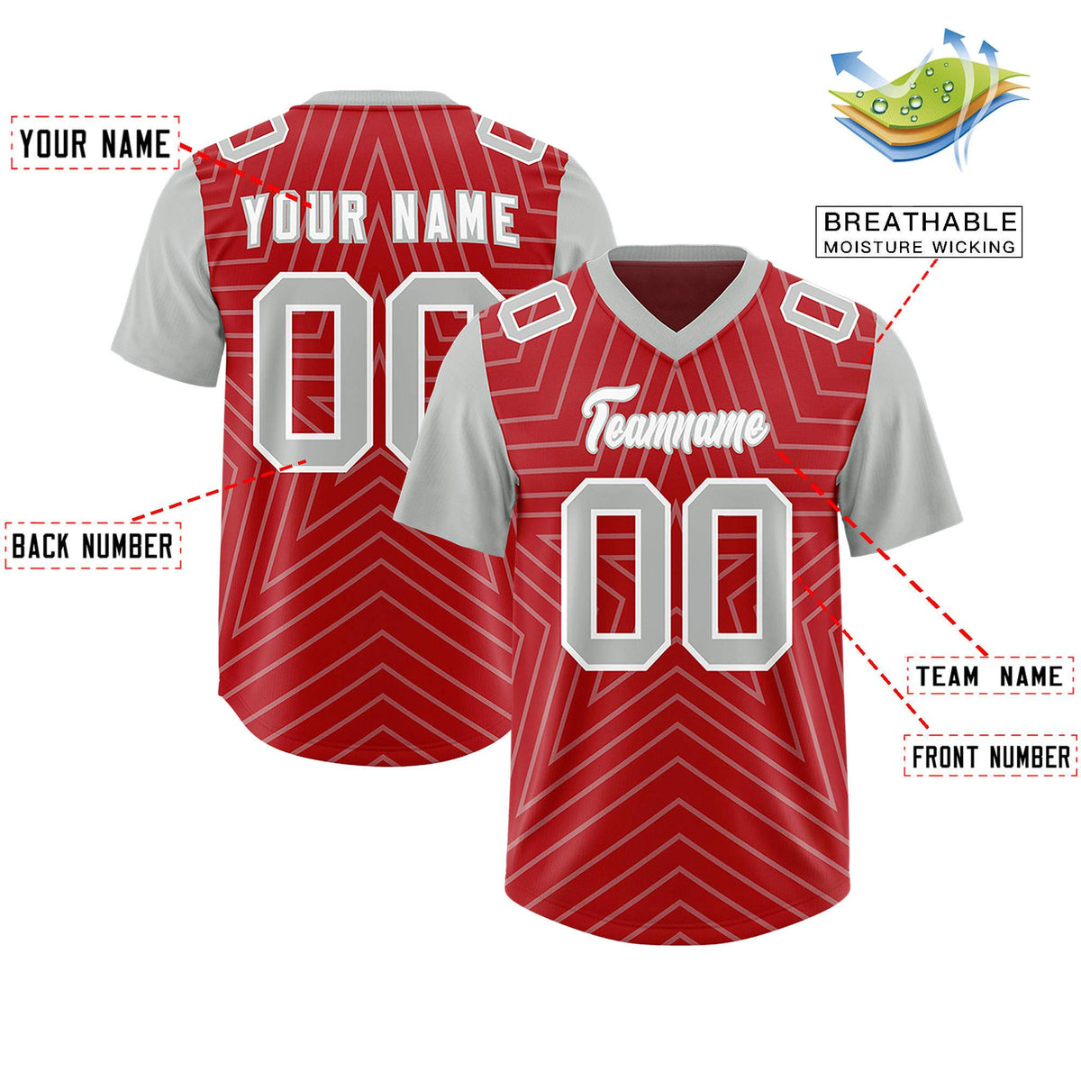 Custom Red Gray Personalized Star Pattern Raglan Sleeves Authentic American Football Jersey