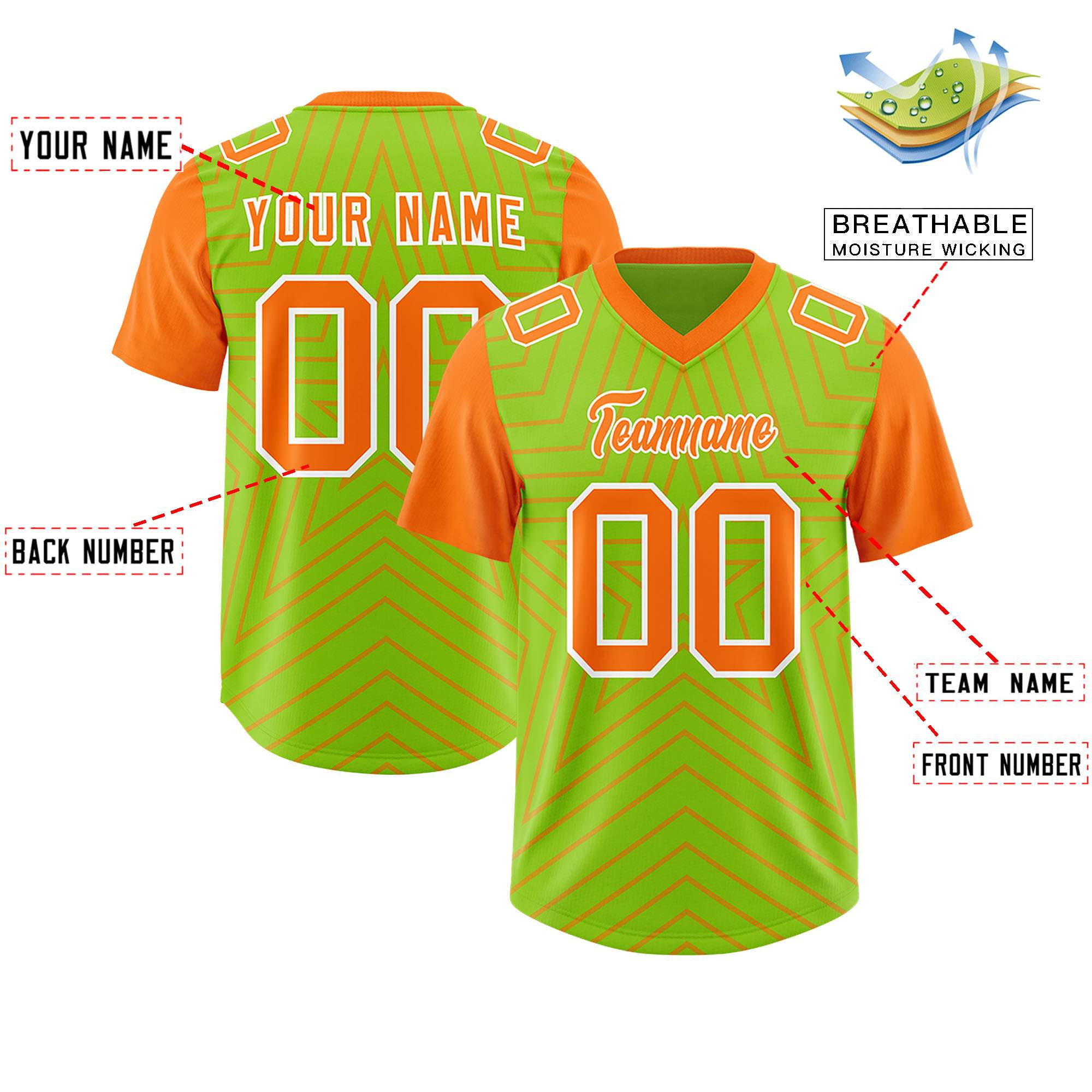 Custom Neon Green Orange Personalized Star Pattern Raglan Sleeves Authentic American Football Jersey