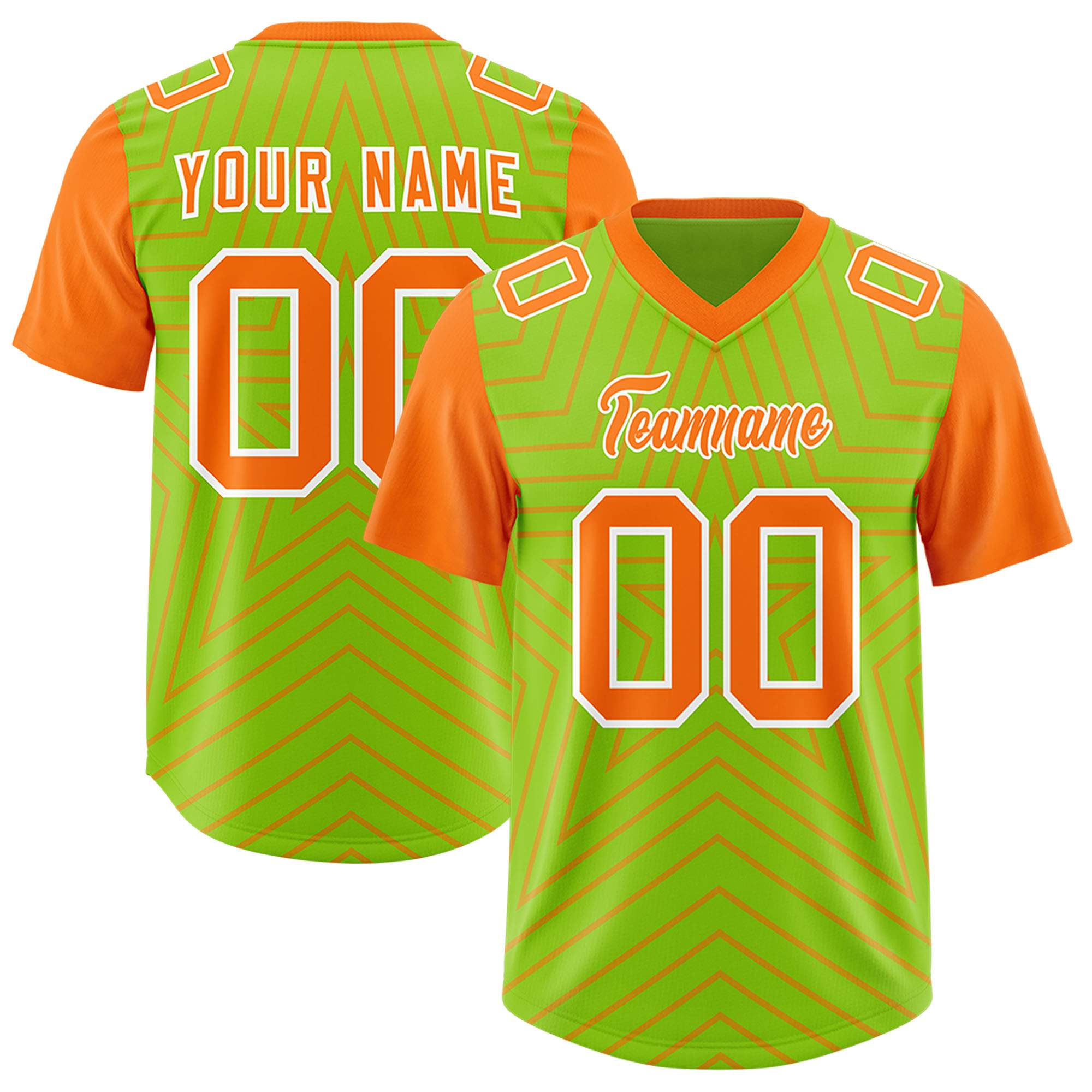 Custom Neon Green Orange Personalized Star Pattern Raglan Sleeves Authentic American Football Jersey