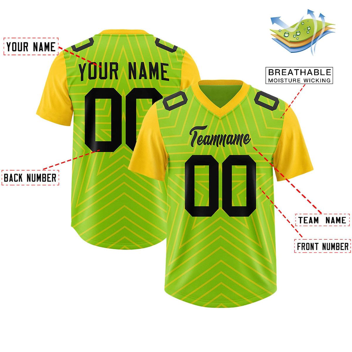 Custom Neon Green Gold Personalized Star Pattern Raglan Sleeves Authentic American Football Jersey