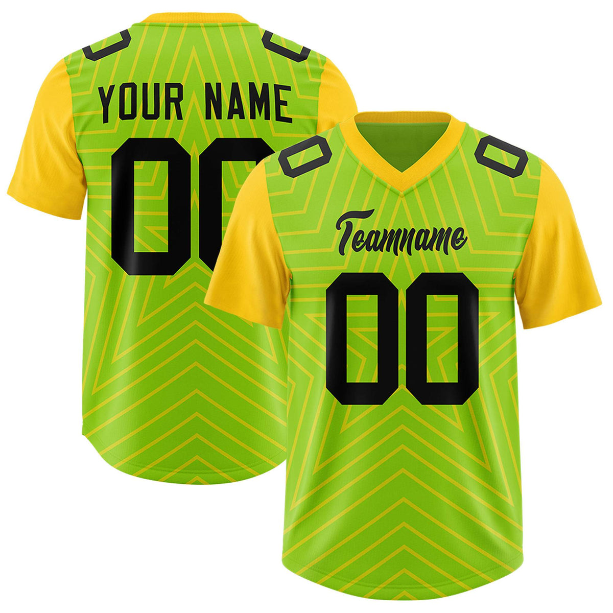 Custom Neon Green Gold Personalized Star Pattern Raglan Sleeves Authentic American Football Jersey