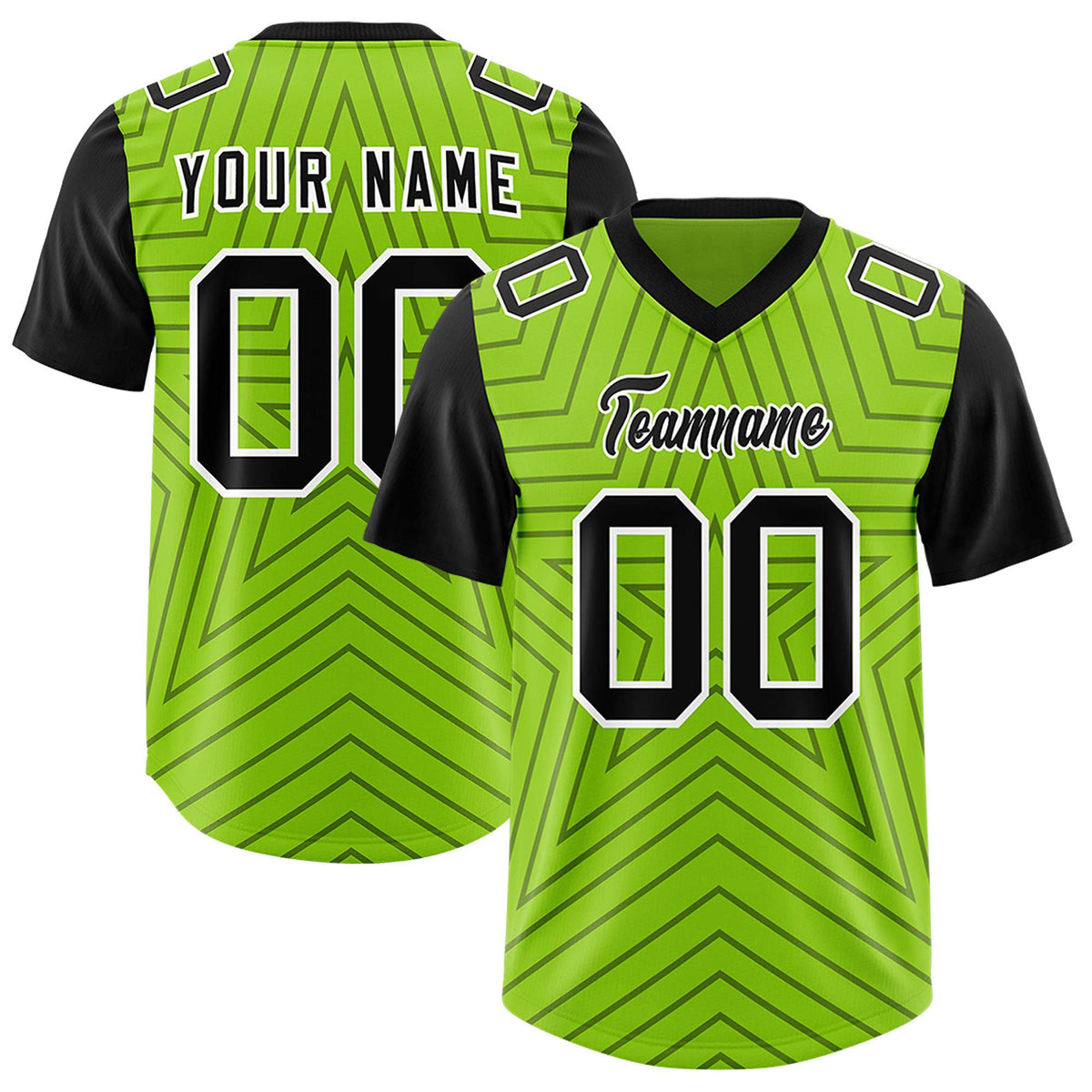 Custom Neon Green Black Personalized Star Pattern Raglan Sleeves Authentic American Football Jersey