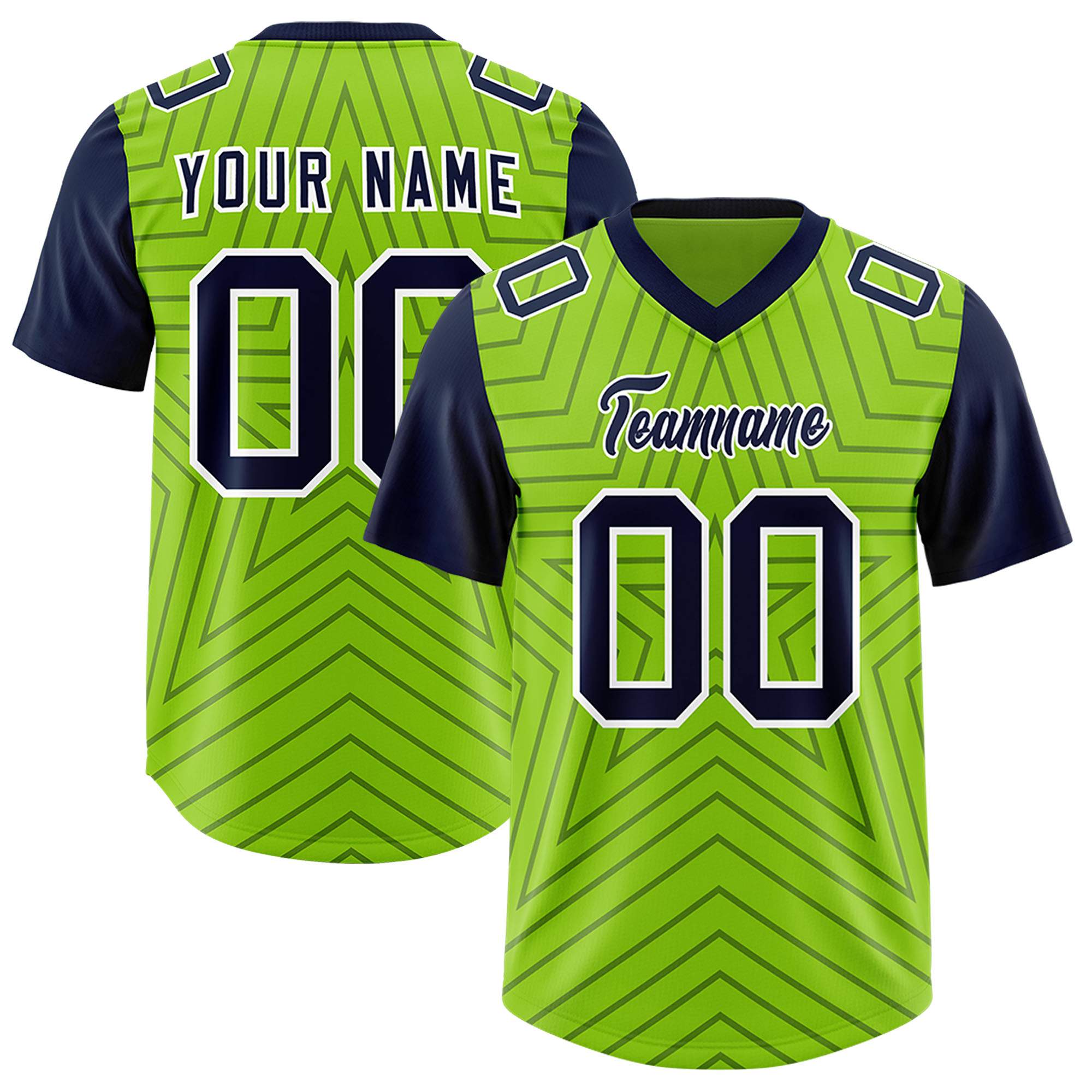 Custom Neon Green Navy Personalized Star Pattern Raglan Sleeves Authentic American Football Jersey