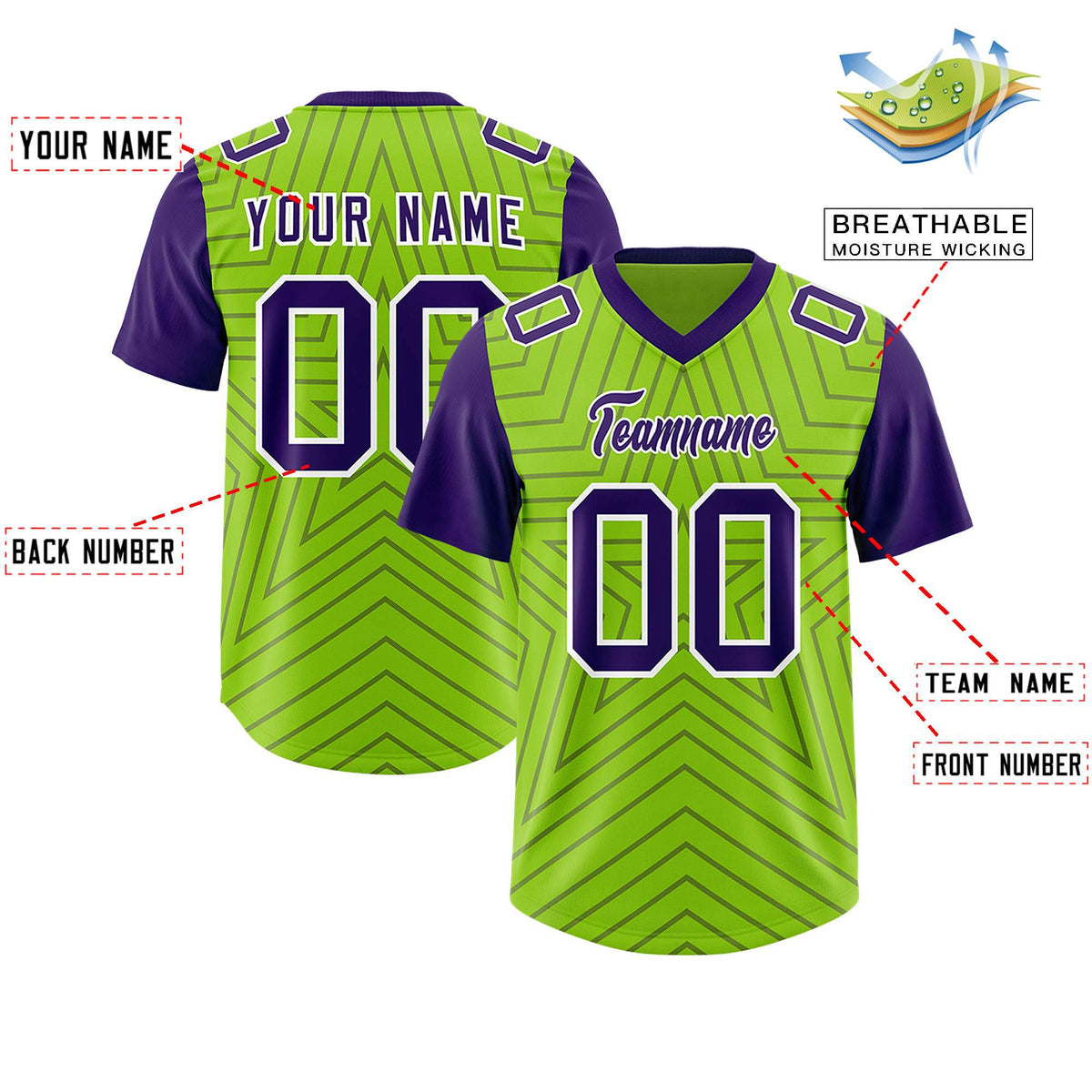 Custom Neon Green Purple Personalized Star Pattern Raglan Sleeves Authentic American Football Jersey