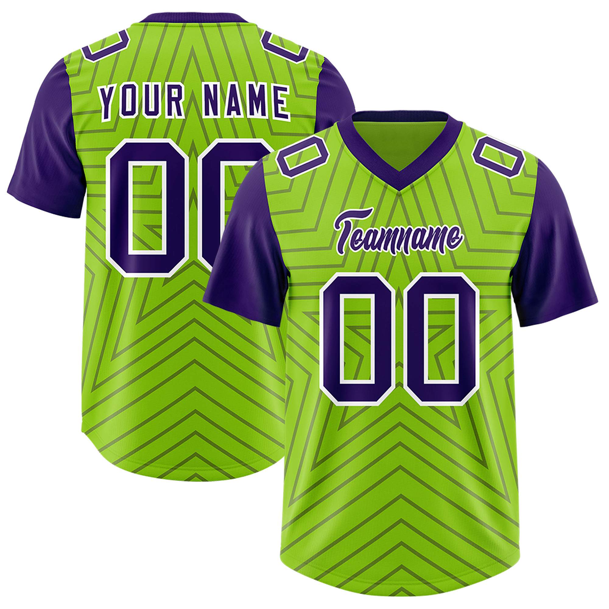 Custom Neon Green Purple Personalized Star Pattern Raglan Sleeves Authentic American Football Jersey
