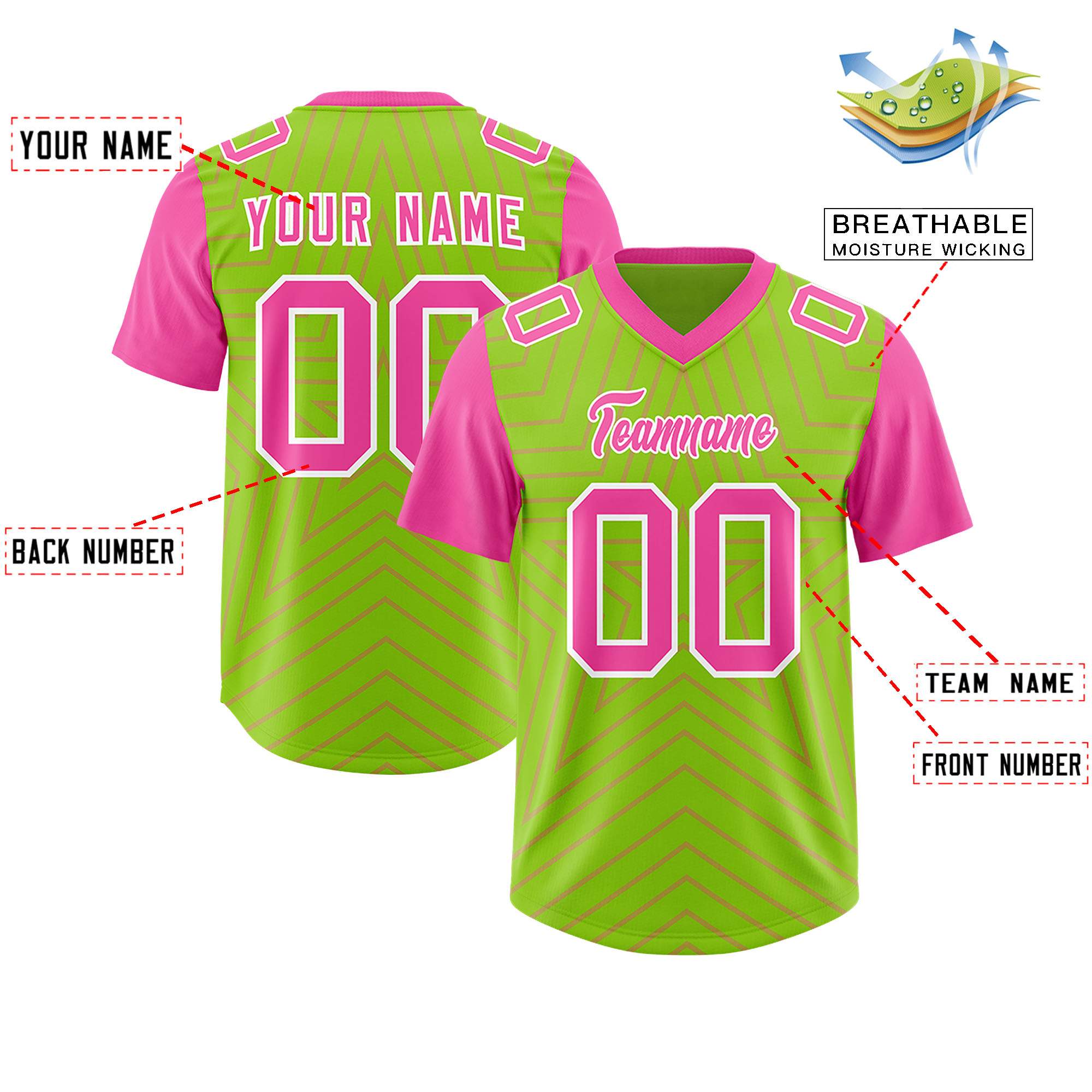 Custom Neon Green Pink Personalized Star Pattern Raglan Sleeves Authentic American Football Jersey