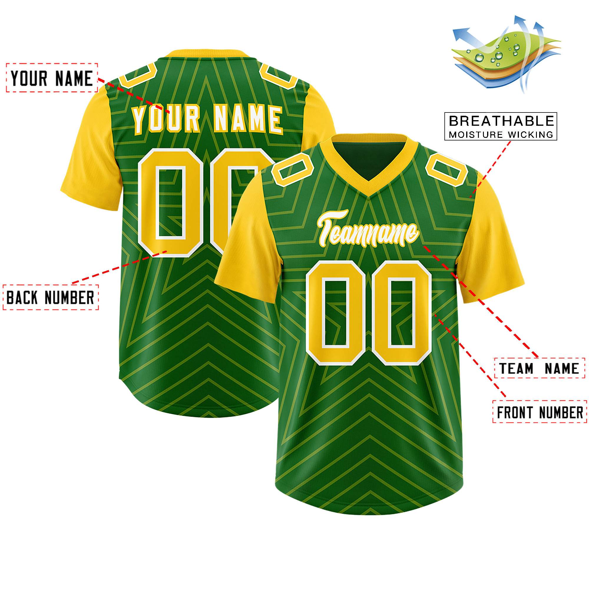Custom Kelly Green Gold Personalized Star Pattern Raglan Sleeves Authentic American Football Jersey
