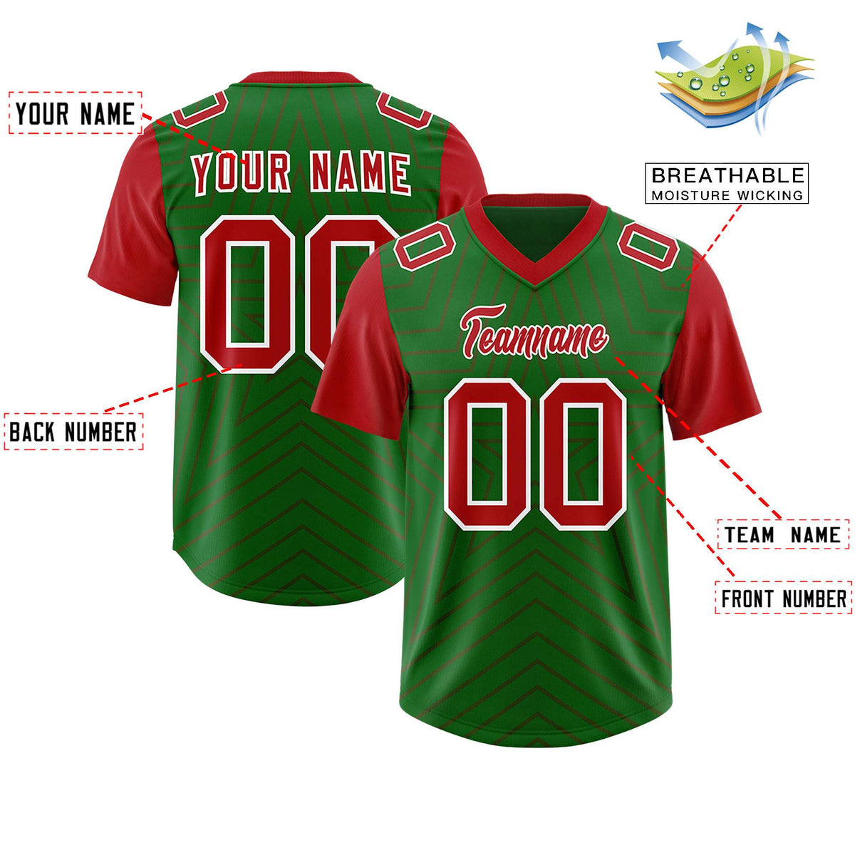Custom Kelly Green Red Personalized Star Pattern Raglan Sleeves Authentic American Football Jersey