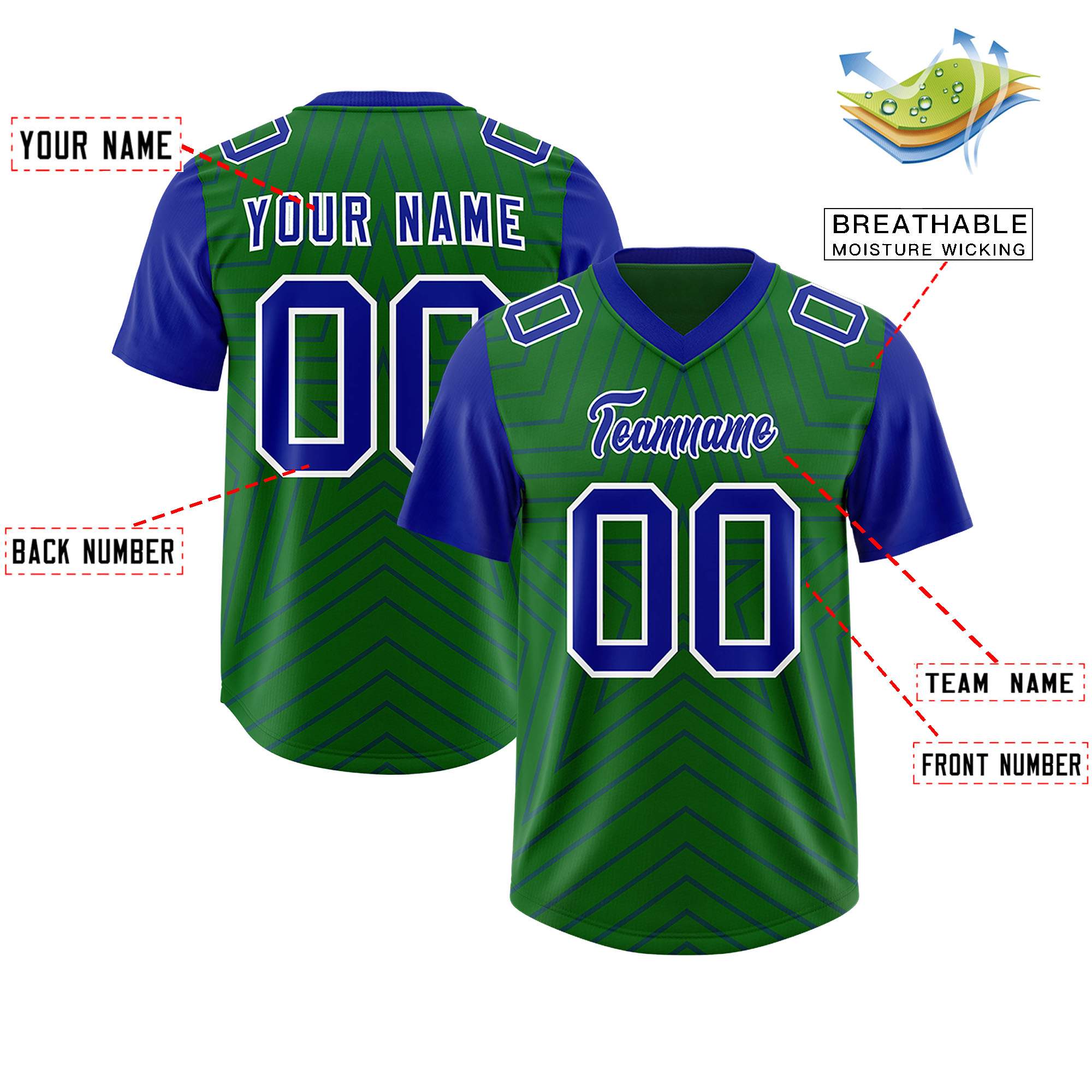 Custom Kelly Green Royal Personalized Star Pattern Raglan Sleeves Authentic American Football Jersey